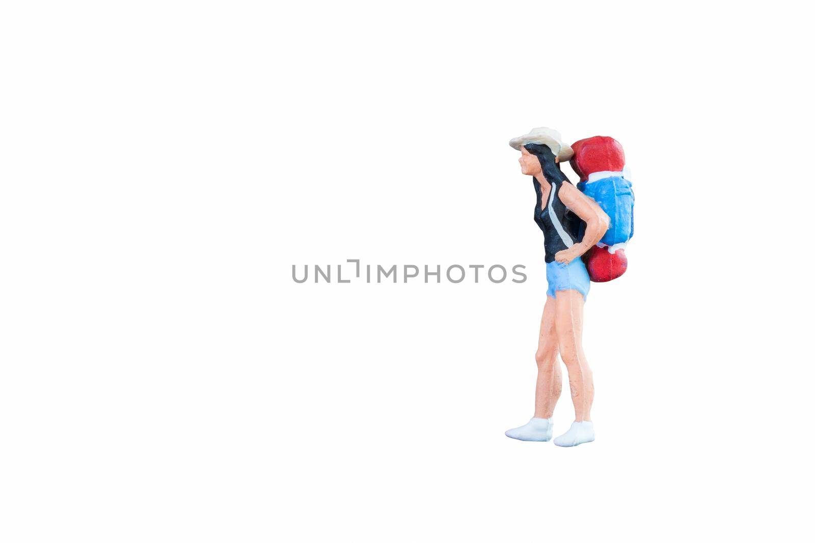 Close up of Miniature backpacker and tourist people isolated with clipping paht on white background.Elegant Design with copy space for placement your text, mock up for travel concept