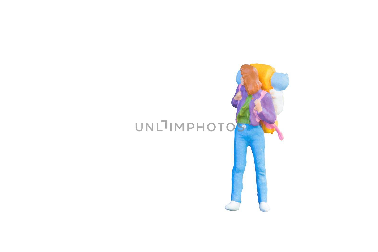 Close up of Miniature backpacker and tourist people isolated with clipping paht on white background.Elegant Design with copy space for placement your text, mock up for travel concept by Nuamfolio
