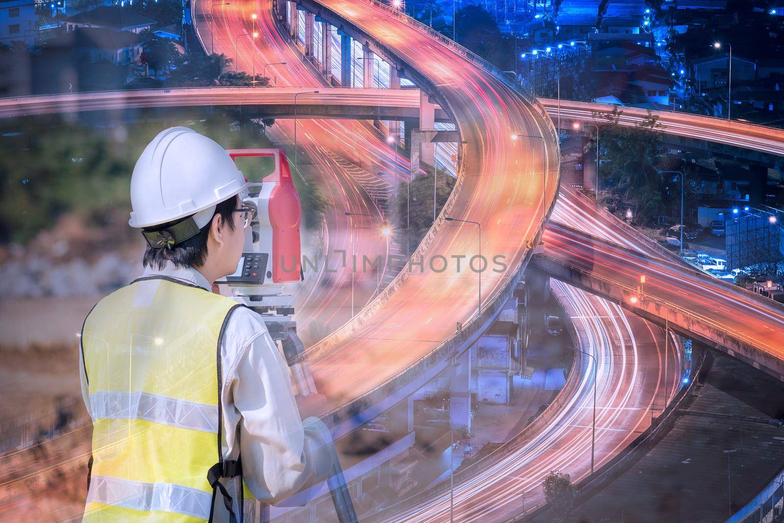 Double exposure construction engineer checking construction site for new expressway Infrastructure for transportation project.Photo concept fot enginerring work.