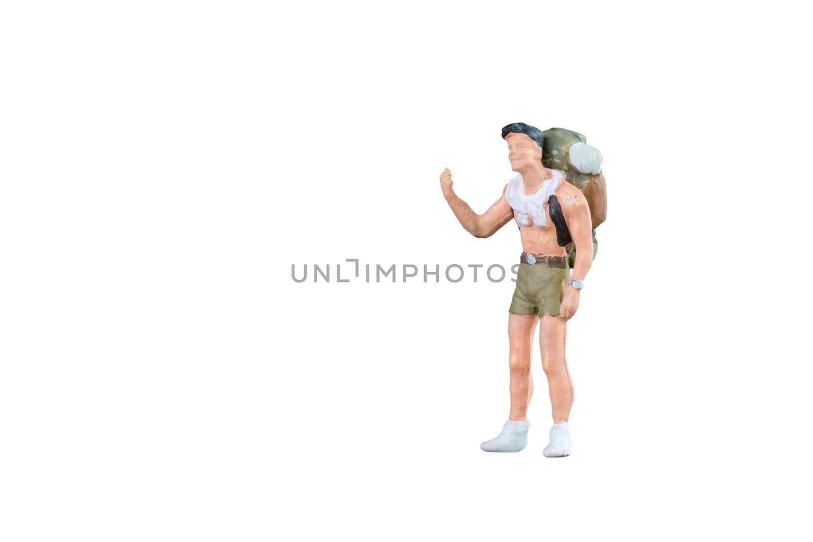 Close up of Miniature backpacker and tourist people isolated with clipping path on white background.Elegant Design with copy space for placement your text, mock up for business and travel concept