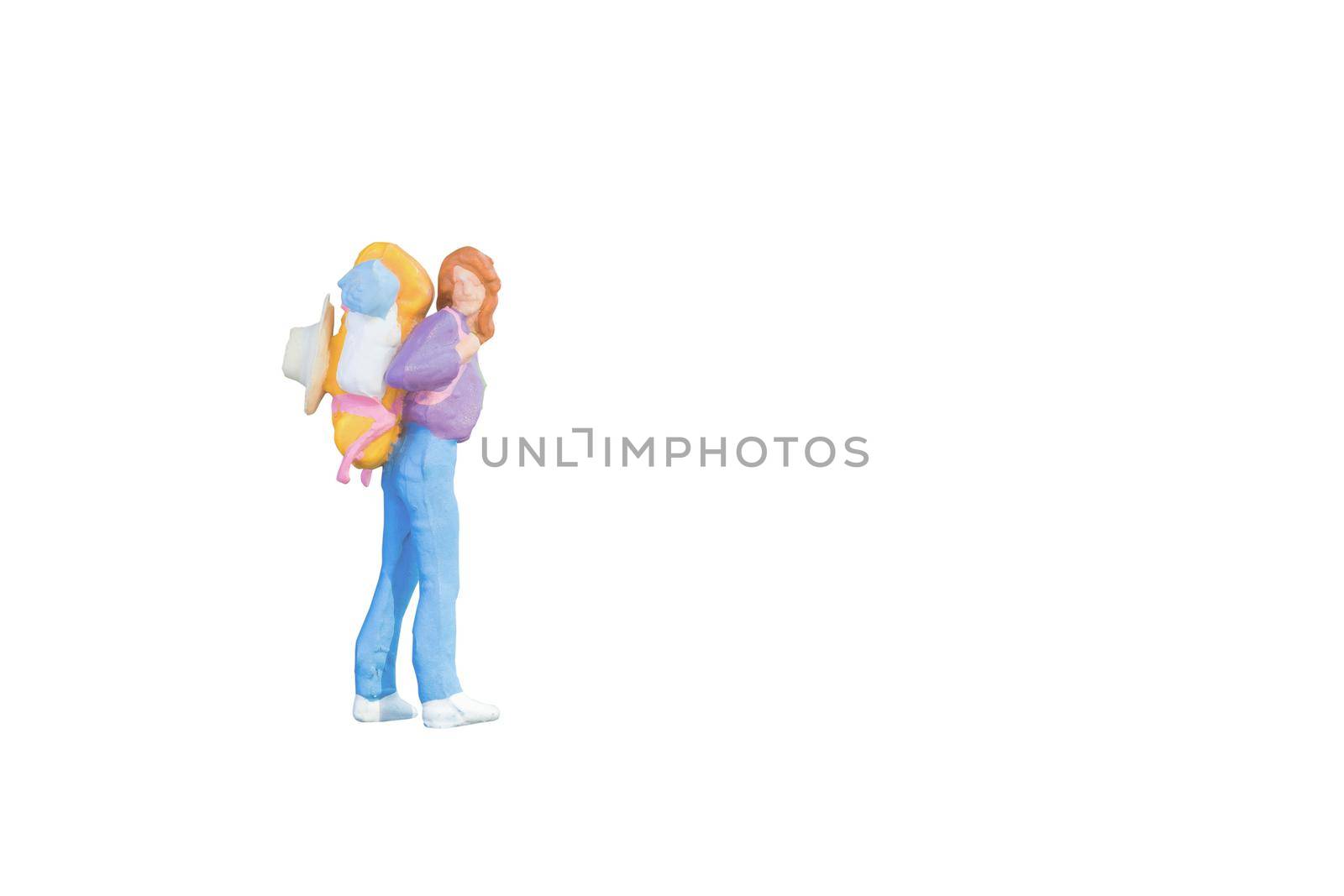 Close up of Miniature backpacker and tourist people isolated with clipping path on white background.Elegant Design with copy space for placement your text, mock up for business and travel concept
