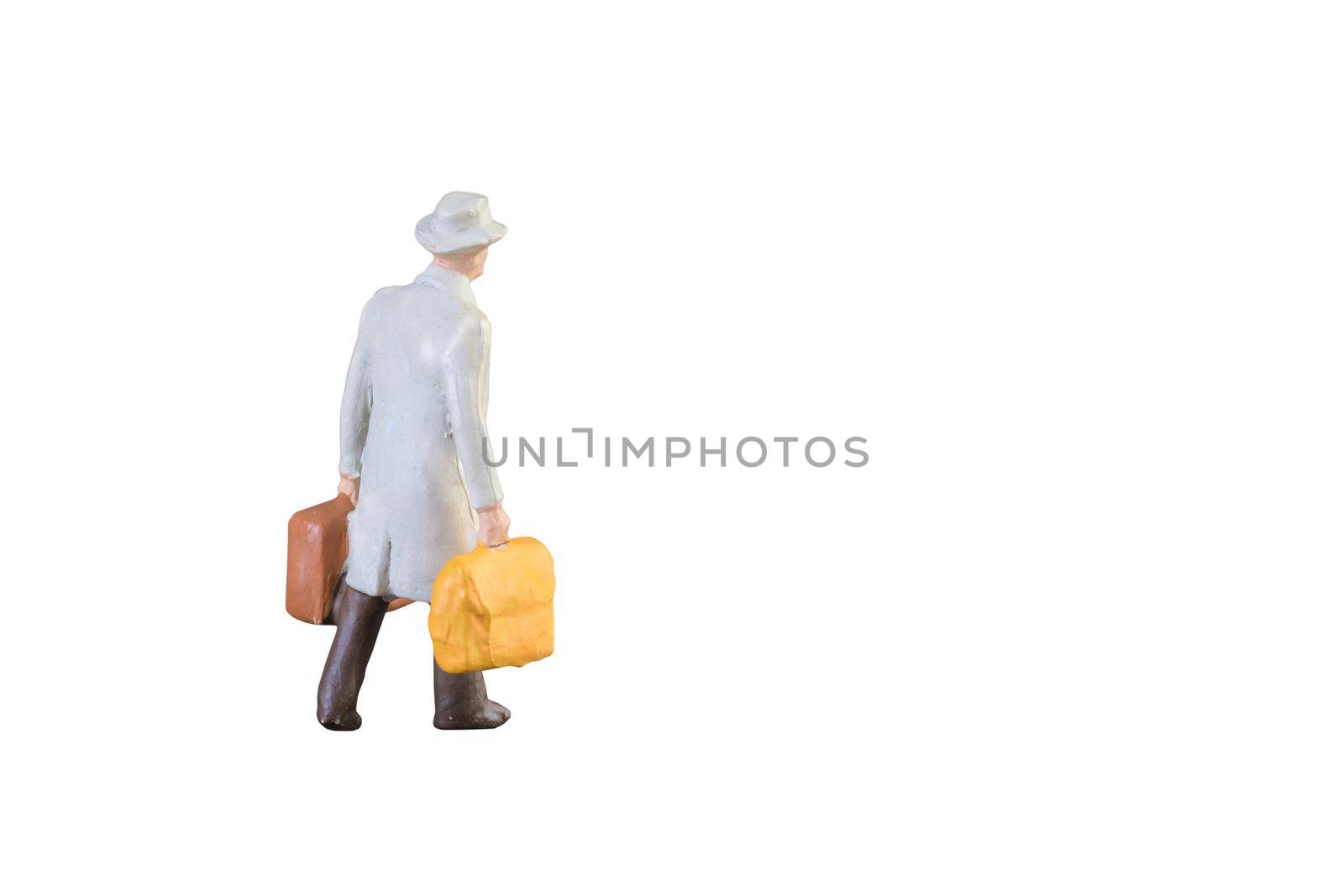 Close up of Miniature businessman and tourist people isolated with clipping path on white background.Elegant Design with copy space for placement your text, mock up for business and travel concept. by Nuamfolio