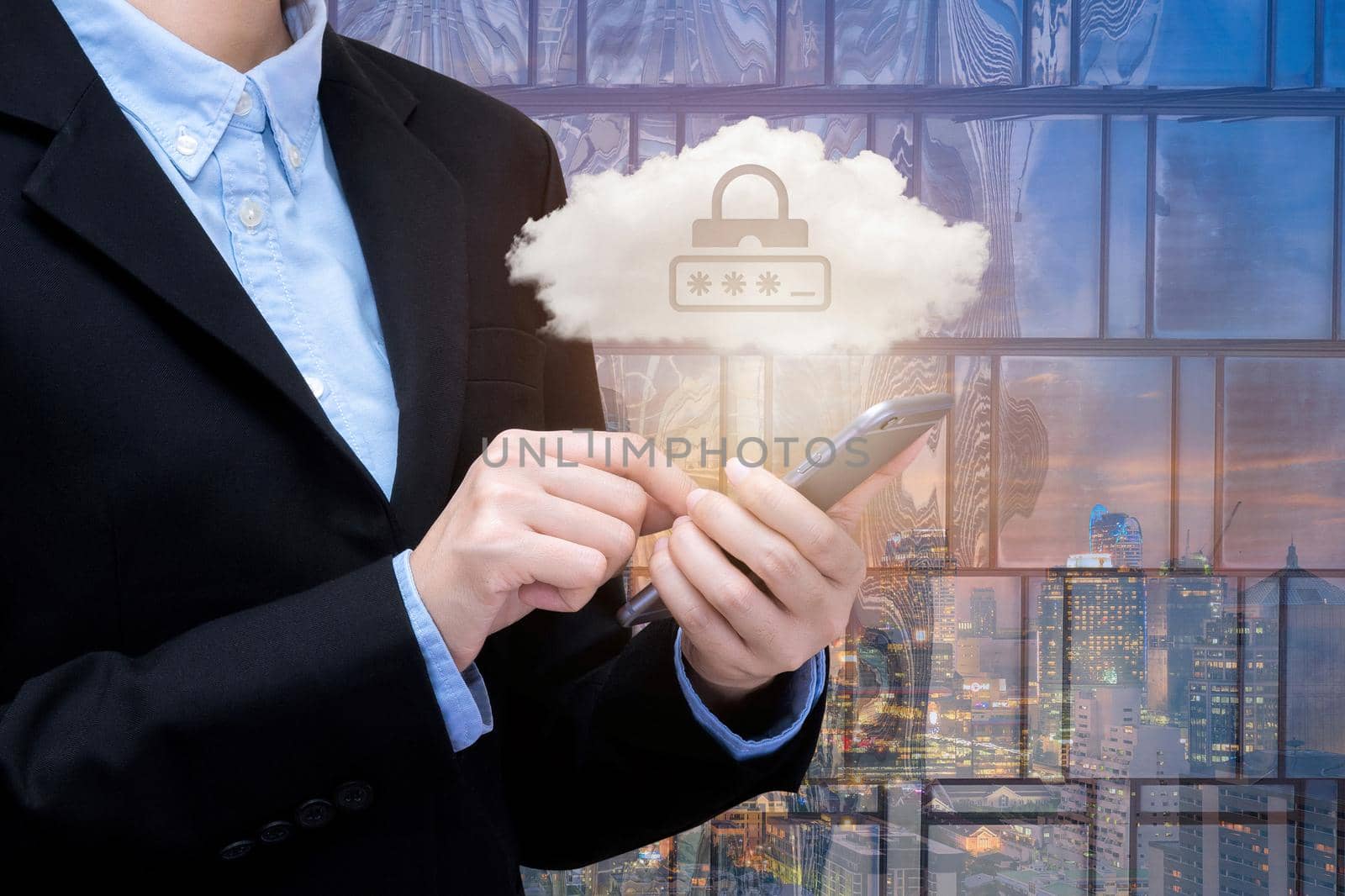 Young and Smart business woman play a smartphone with cloud technology with real estate building in background. Elegant Design for smart business and smart technology innovation concept 