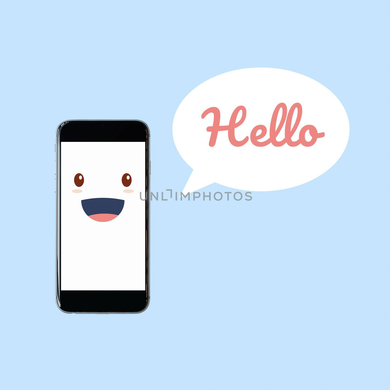 Cute smartphone with Hello word in speech bubble. Elegant Design for smart technology and internet of things concept by Nuamfolio