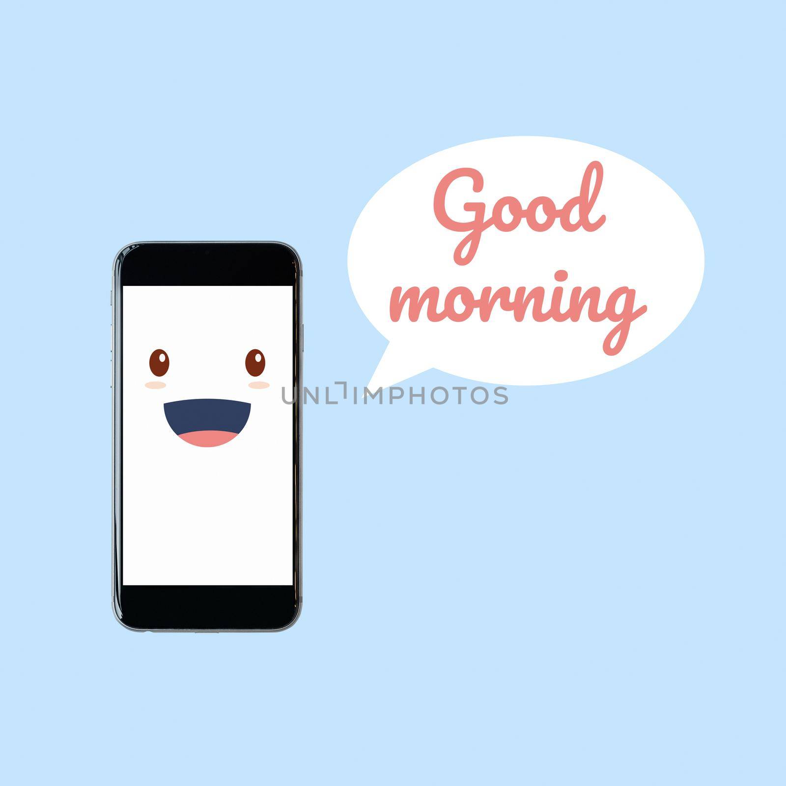 Cute smartphone with good morning word in speech bubble. Elegant Design for smart technology and internet of things concept