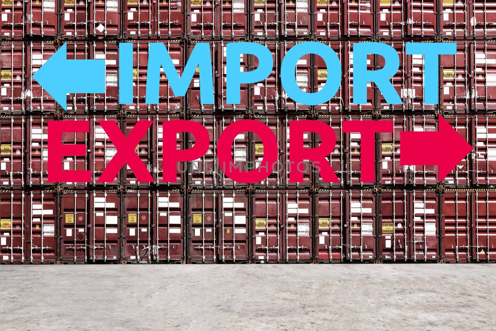 Stack pattern of cargo shipping containers with Export and Import Words in shipping yard for global transportation import,export and logistic business concept