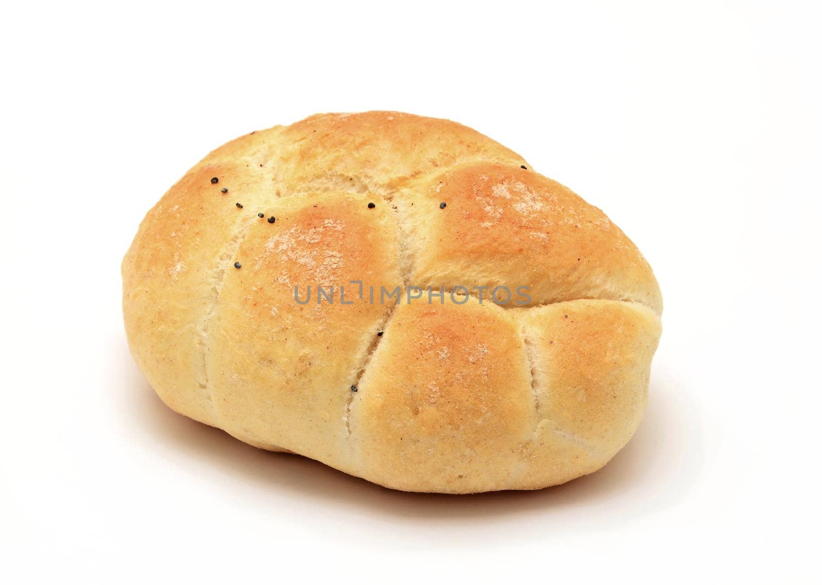 Baked traditional plain soft bun on white background.