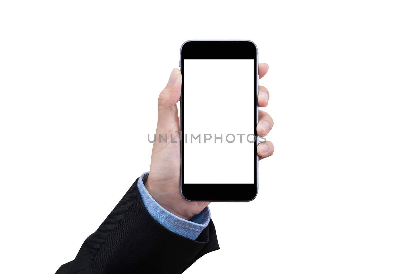 Smart business women show a smartphone with white screen on white background. Elegant Design with copy space for smart business, business idea and internet of things technology concept by Nuamfolio