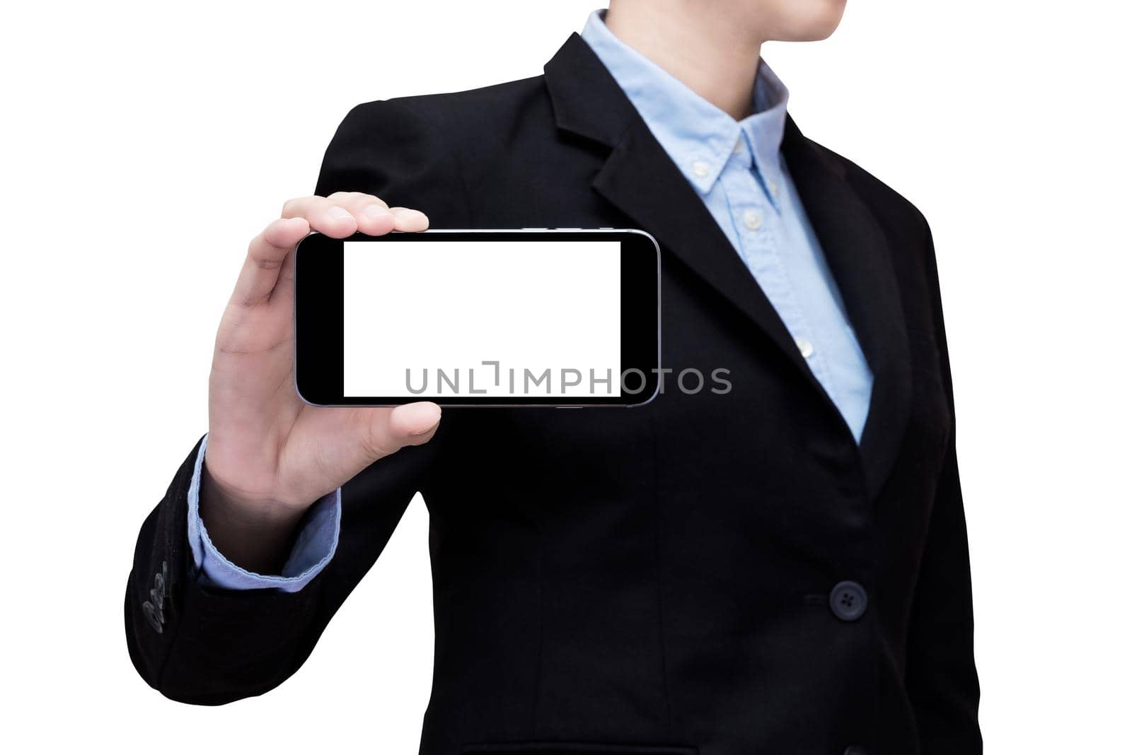 Smart business women show a smartphone with white screen on white background. Elegant Design with copy space for smart business, business idea and internet of things technology concept by Nuamfolio