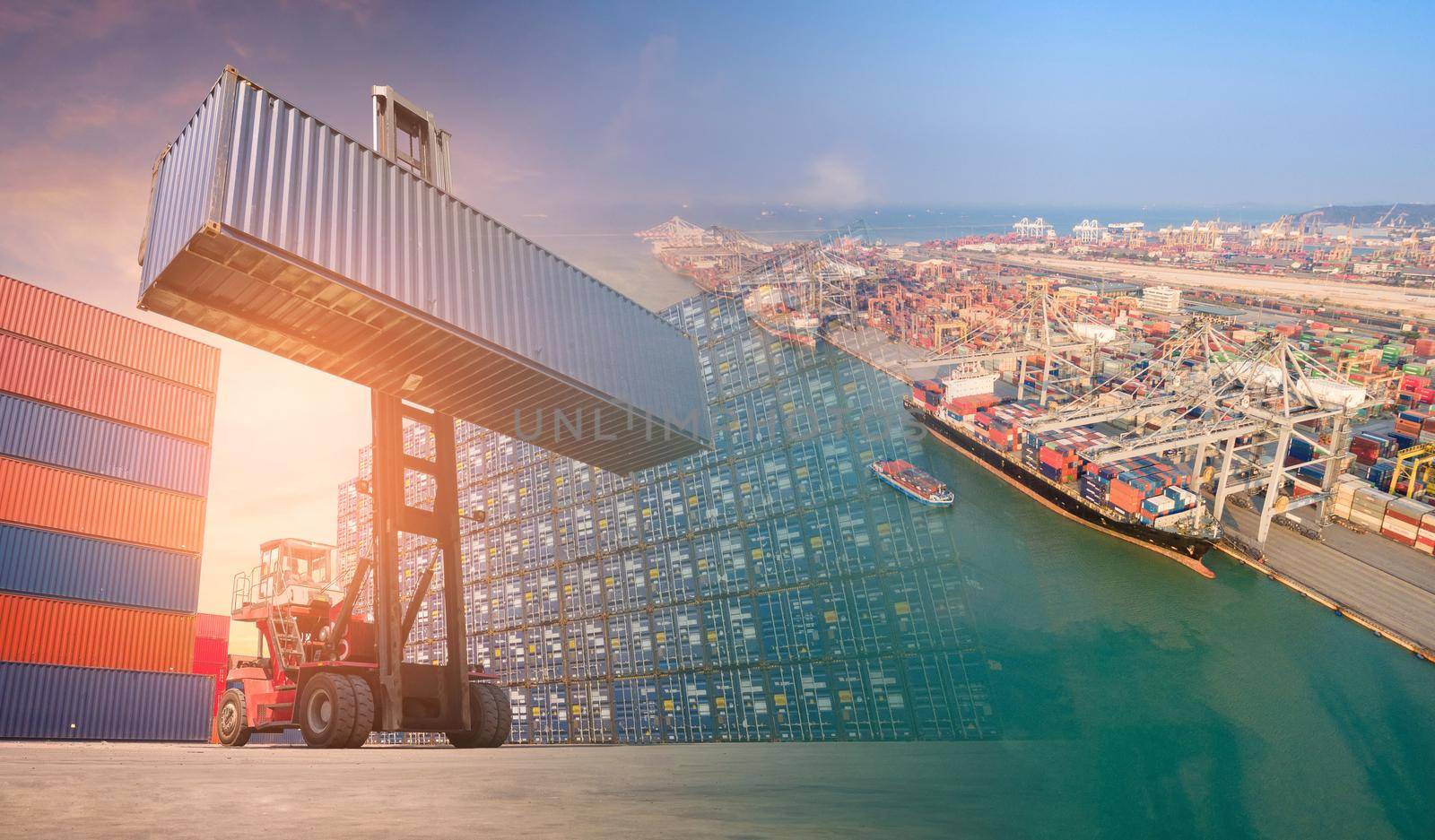 Double exposure forklift truck and container shipping boat at shipping yard.Photo concept for Global business shipping,Logistic,Import and Export industry. by Nuamfolio