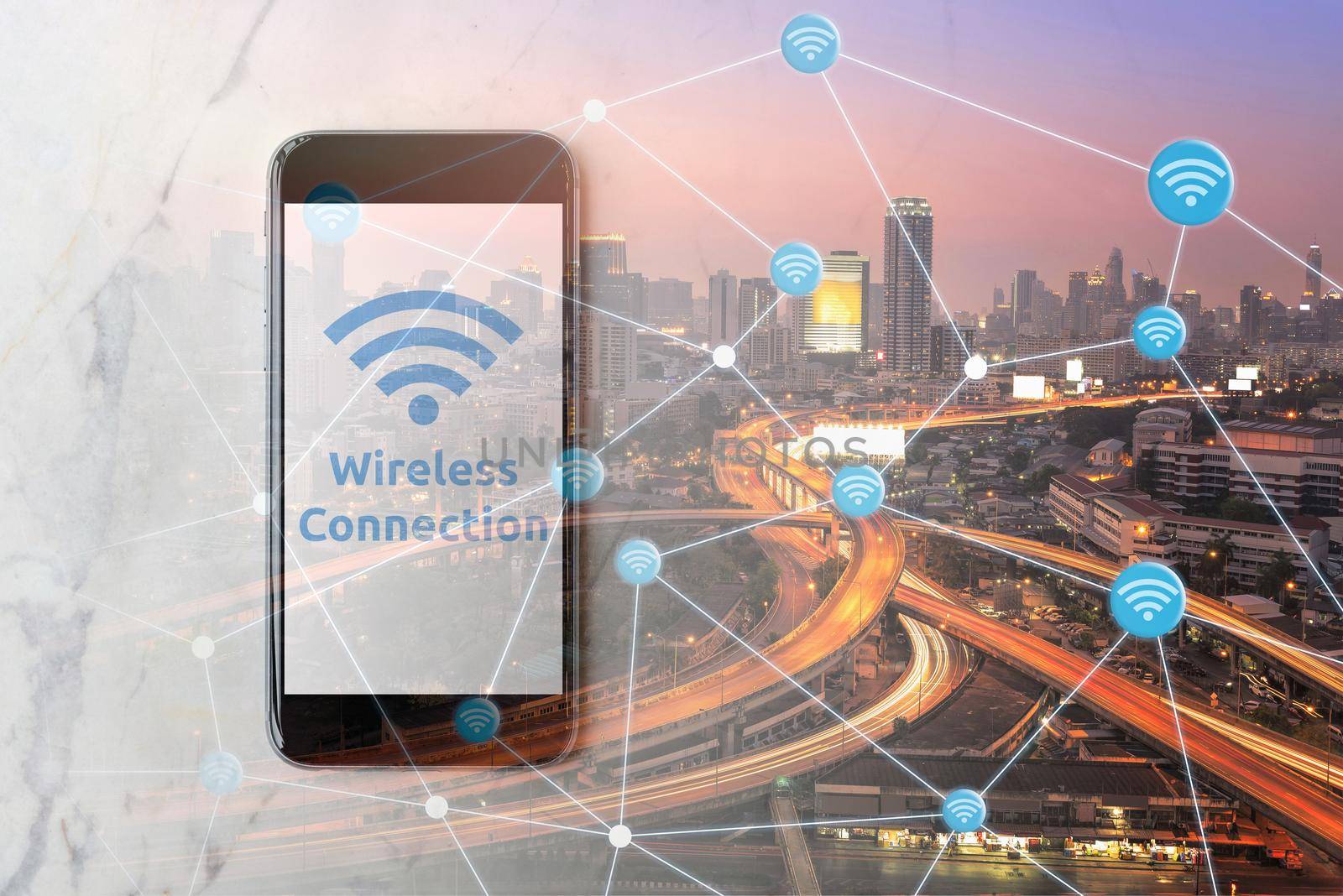 Smartphone with wifi network on screen and Smart city with wifi connection smart technology of internet of things. Photo design for smart city and smart technology internet of things concept