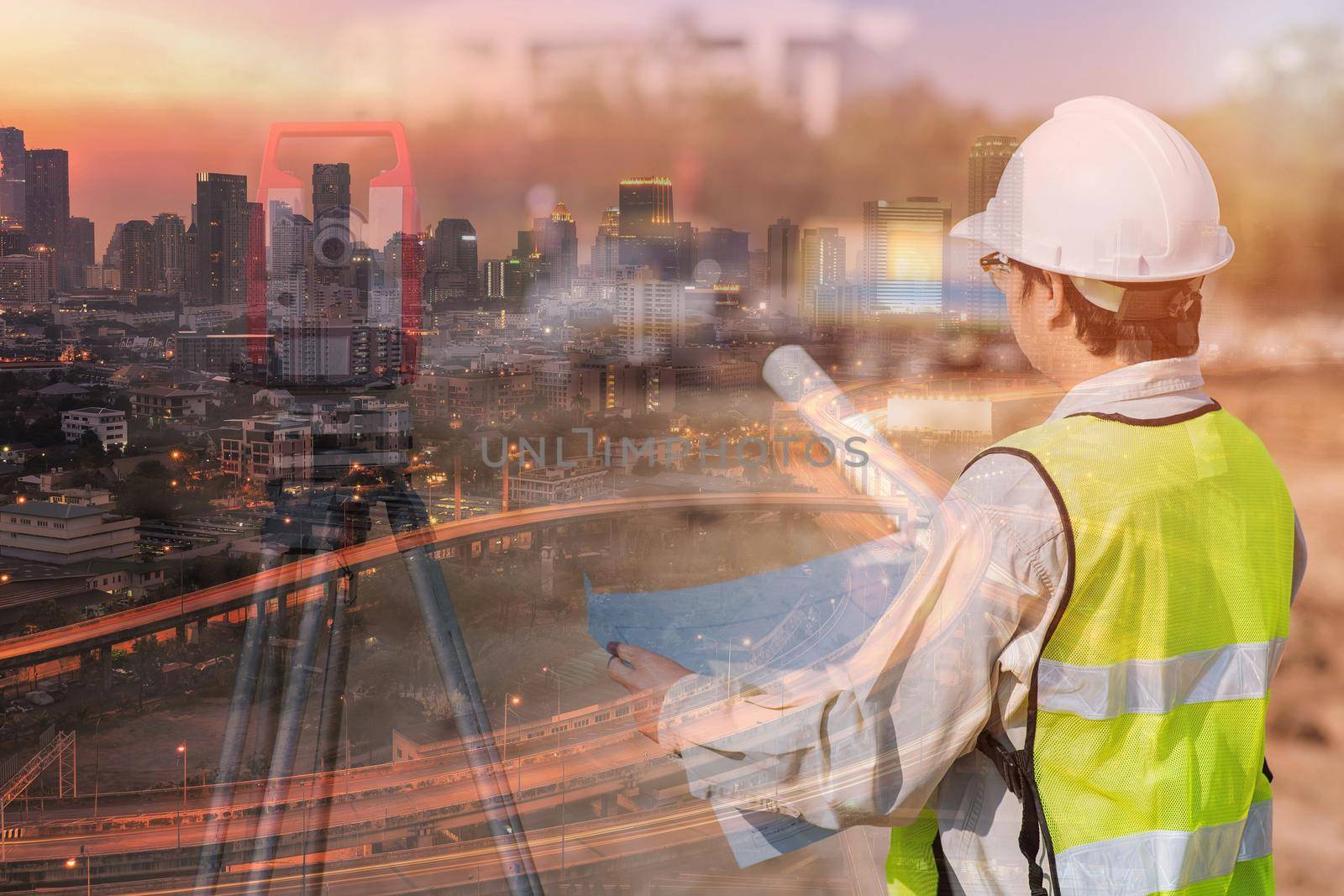 Double exposure of construction engineer checking construction drawing at site area and modern downtown cityscape for Infrastructure construction project concept  by Nuamfolio