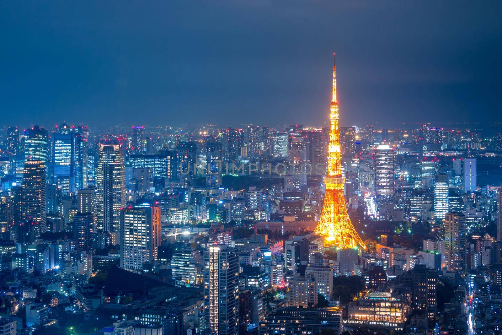 Aerial view over Tokyo tower and Tokyo cityscape view from Roppongi Hills at night. by Nuamfolio