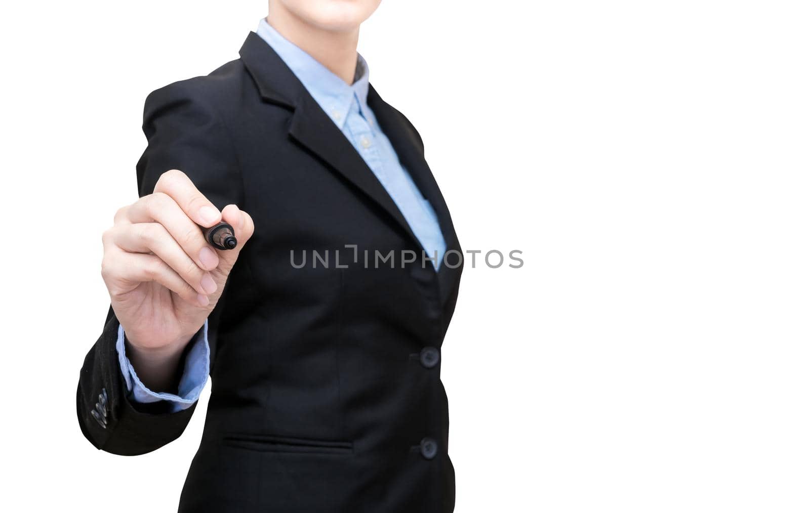 Smart business women holds a marker writing in air isolate on white background. Elegant Design with Space for placement your wording, graphic and template for business concept 