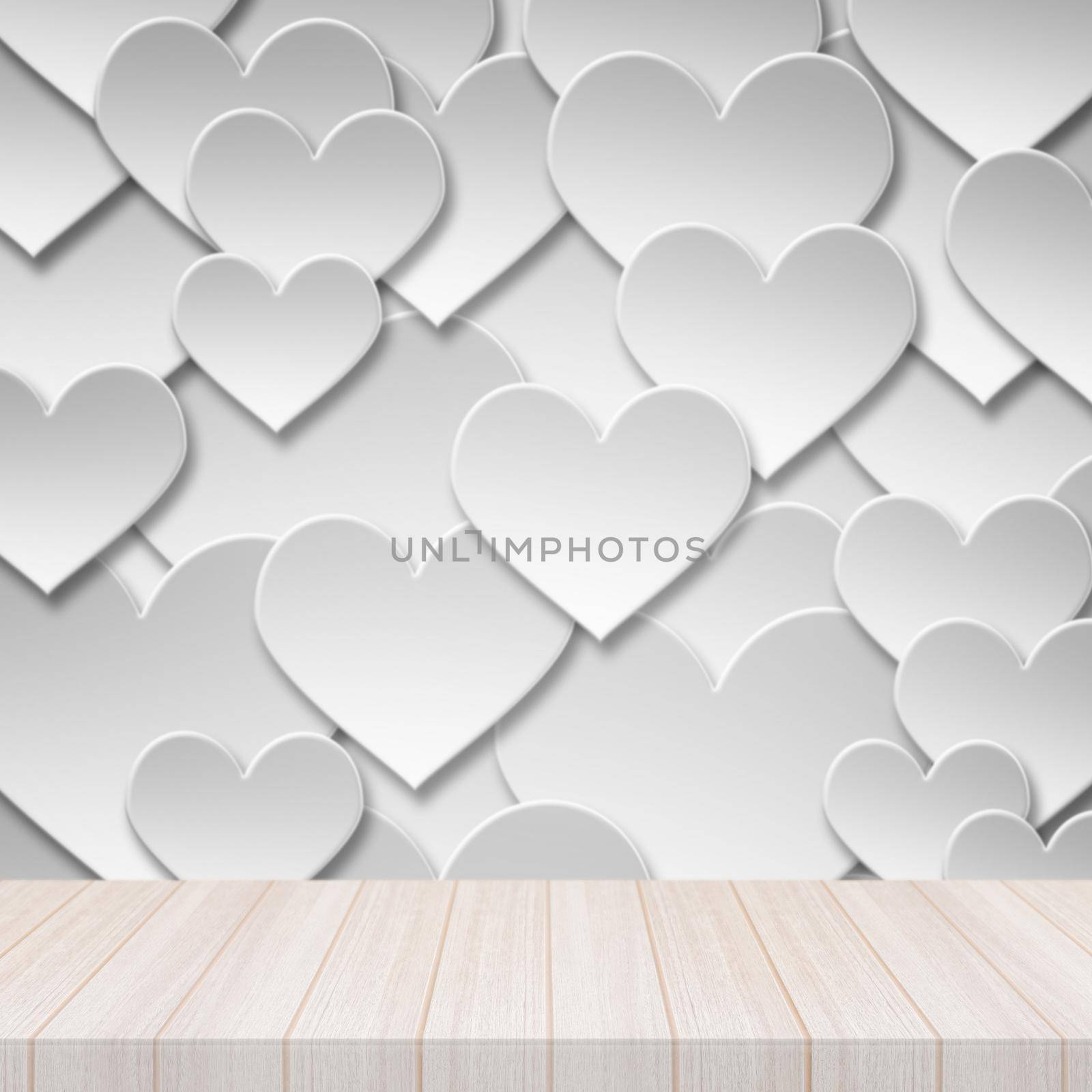 Perspective white wood table top with Paper valentine love heart symbol background. Elegant Design with Space for placement your background,Template mock up for  valentine love heart concept  by Nuamfolio