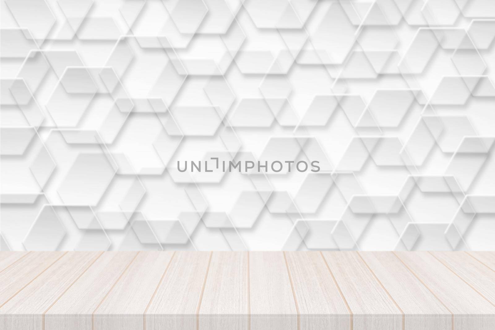 Perspective white wood table top with hexagonal banner with transparency Background, Elegant Design with Space for placement your background,Template mock up for montage your products