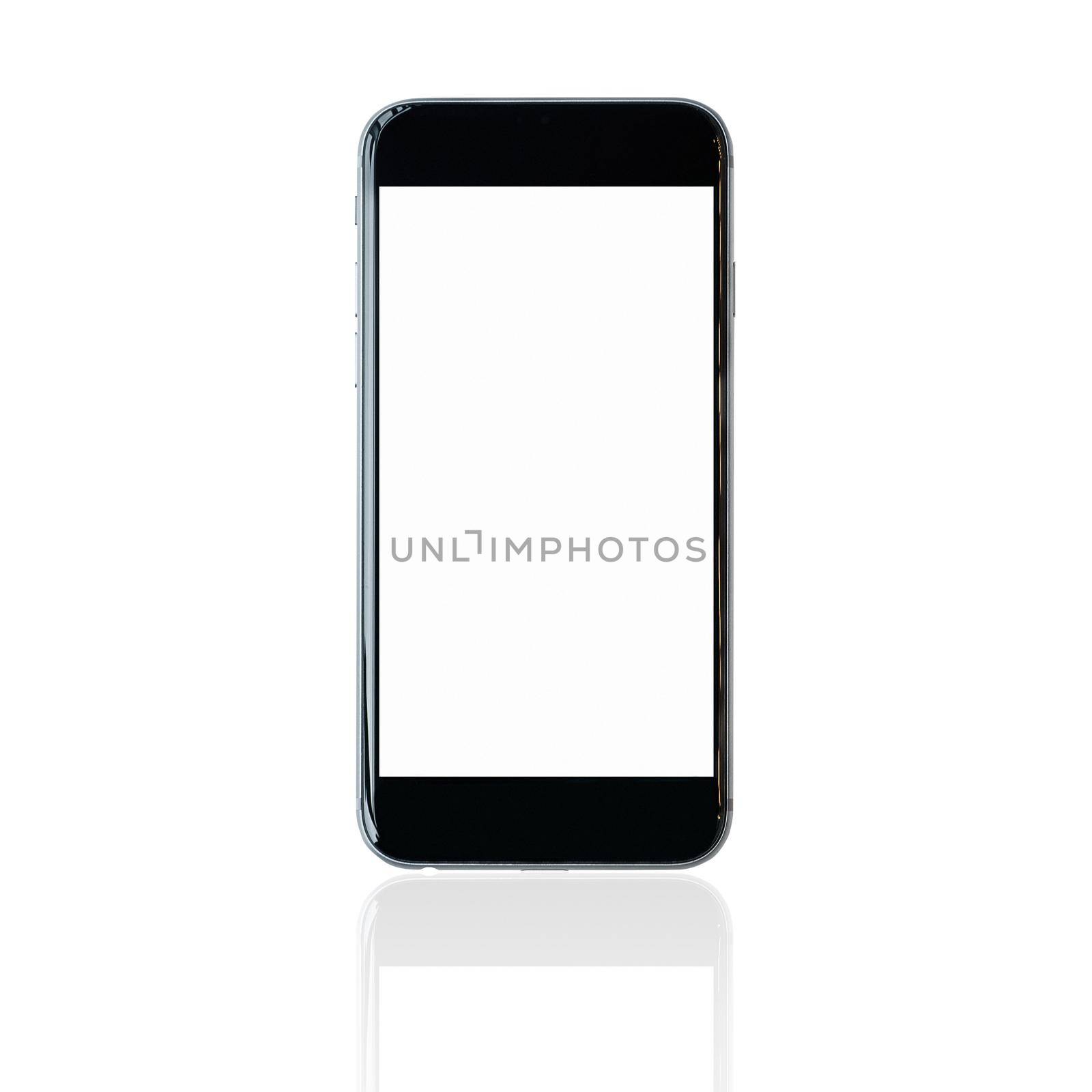 Smartphone with blank white screen and copy-space on white background. Elegant Design with Space for placement your background,Template mock up for montage your design and products