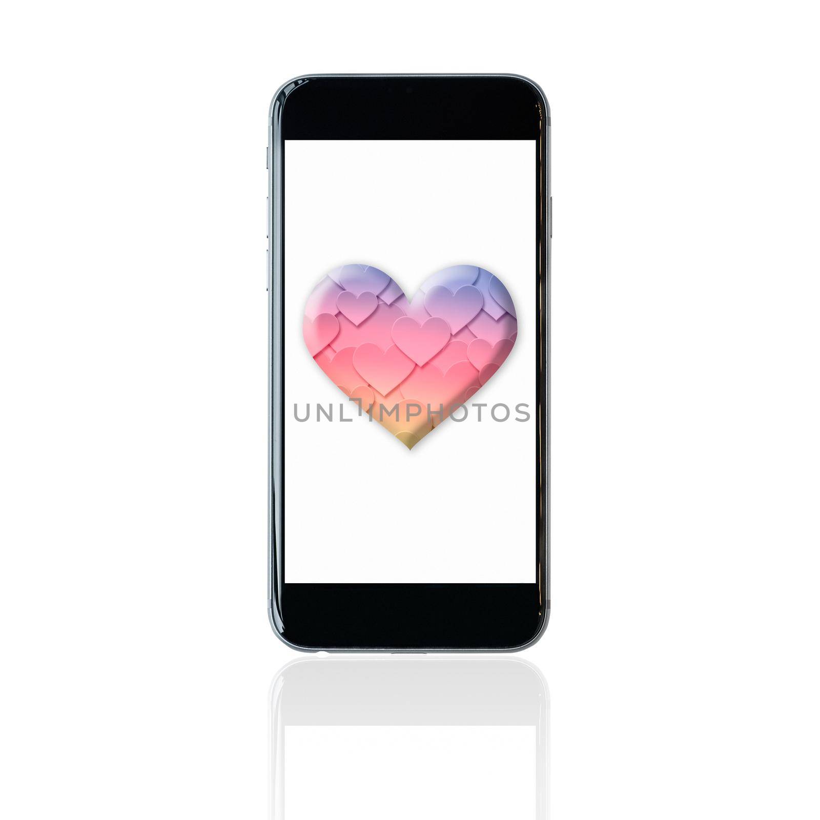 Smartphone with colourful heart symbol on screen. by Nuamfolio