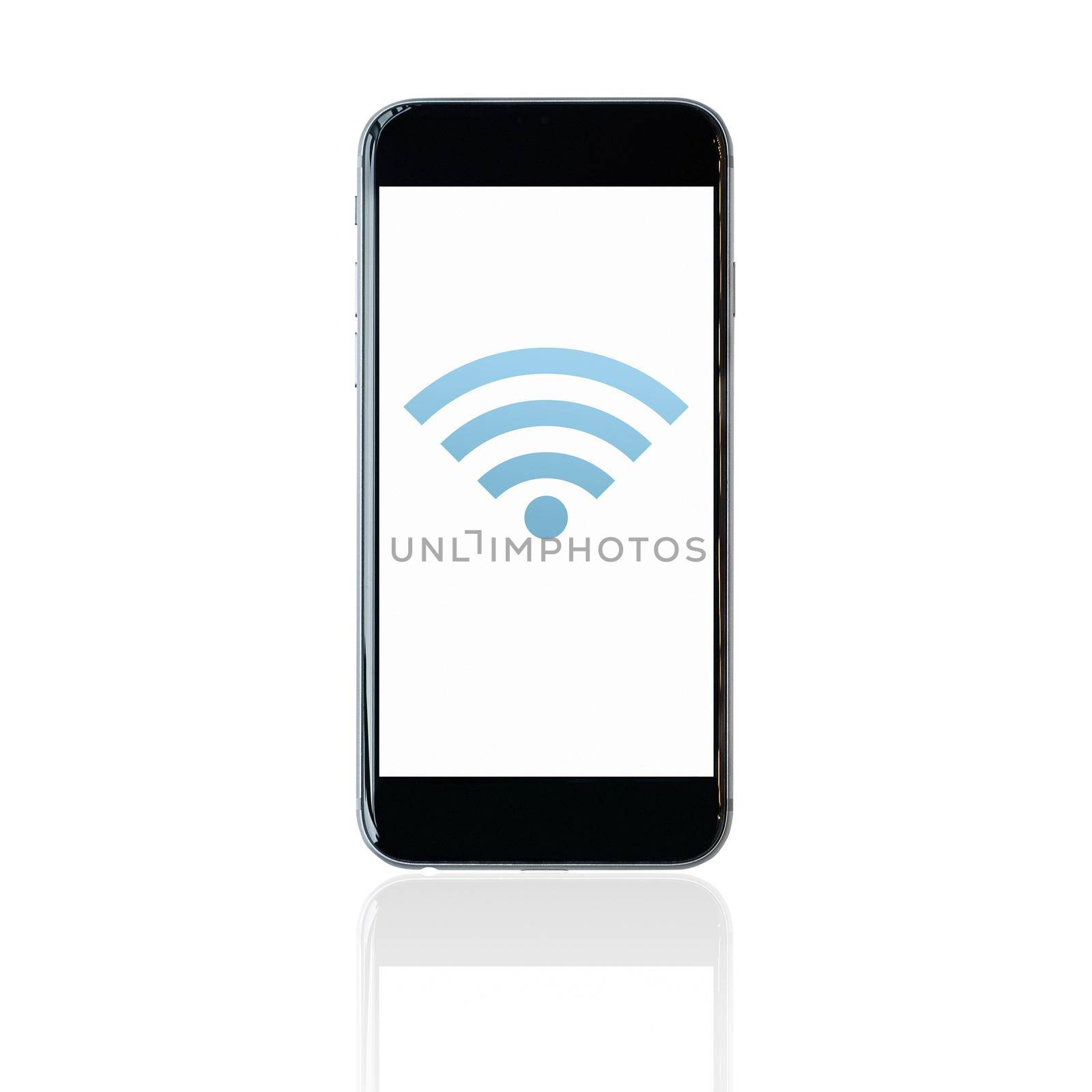 Smartphone with wifi symbol on screen on white background. Elegant Design for smart technology and internet of things concept