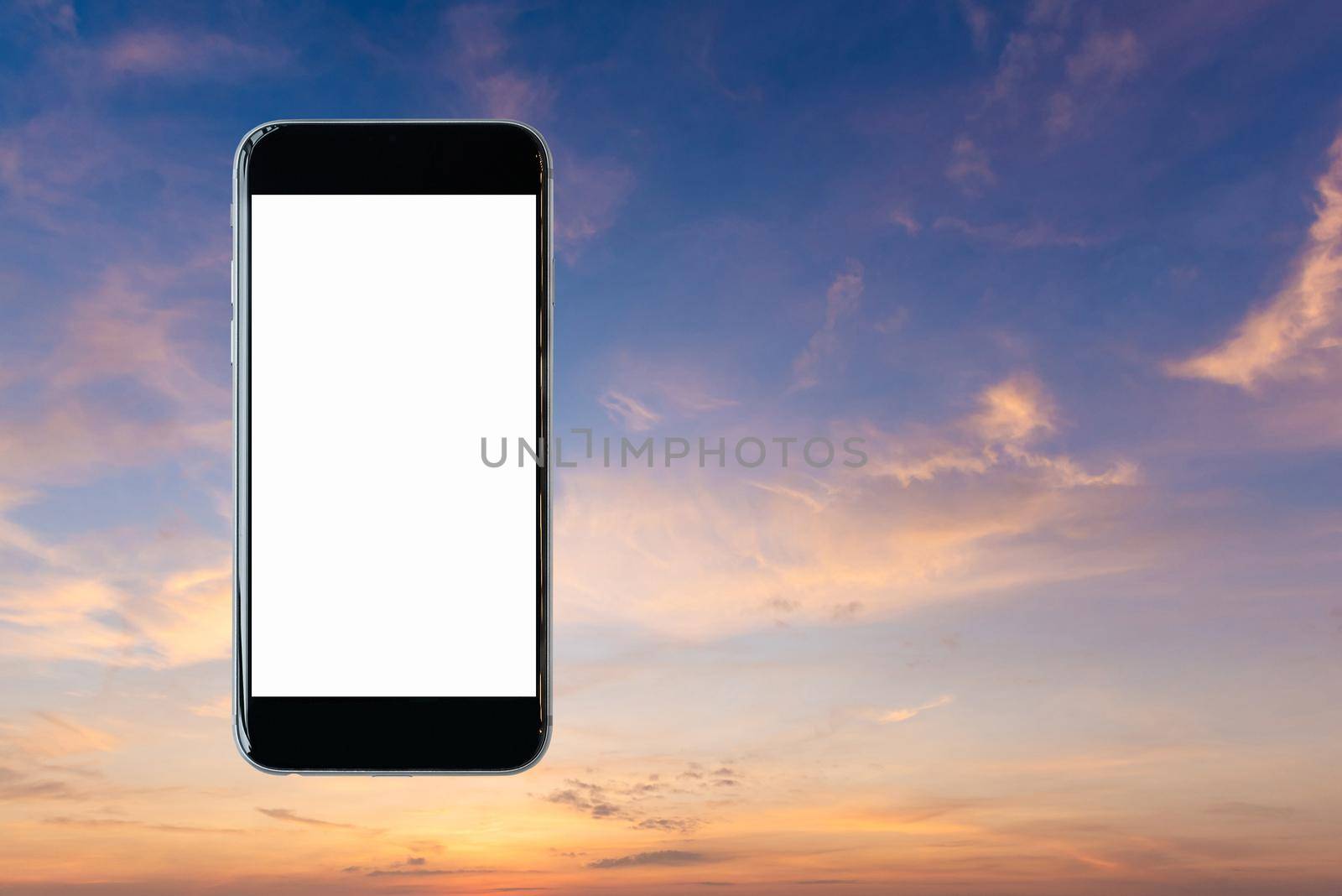 Smartphone with blank white screen and copy-space on beautiful sky background. by Nuamfolio