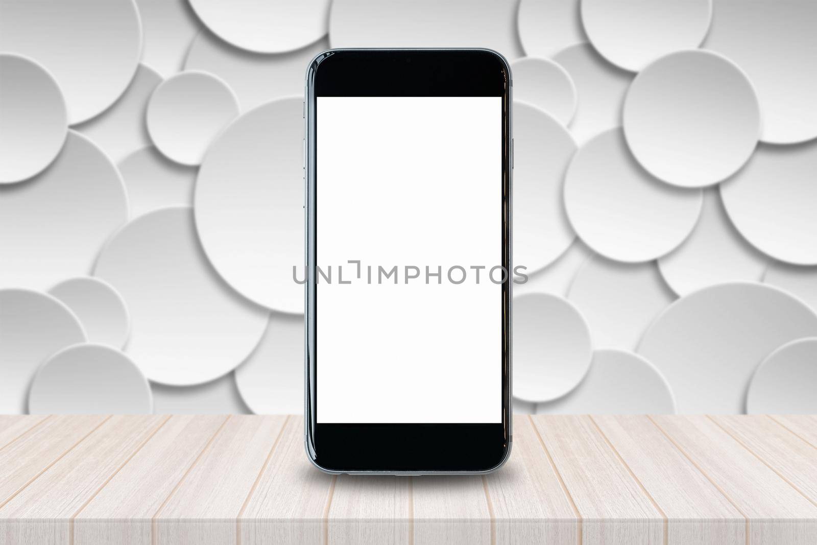 Smartphone with blank white screen and copy-space on wood table. Elegant Design with Copy Space for placement your background,Template mock up for montage your design and products
