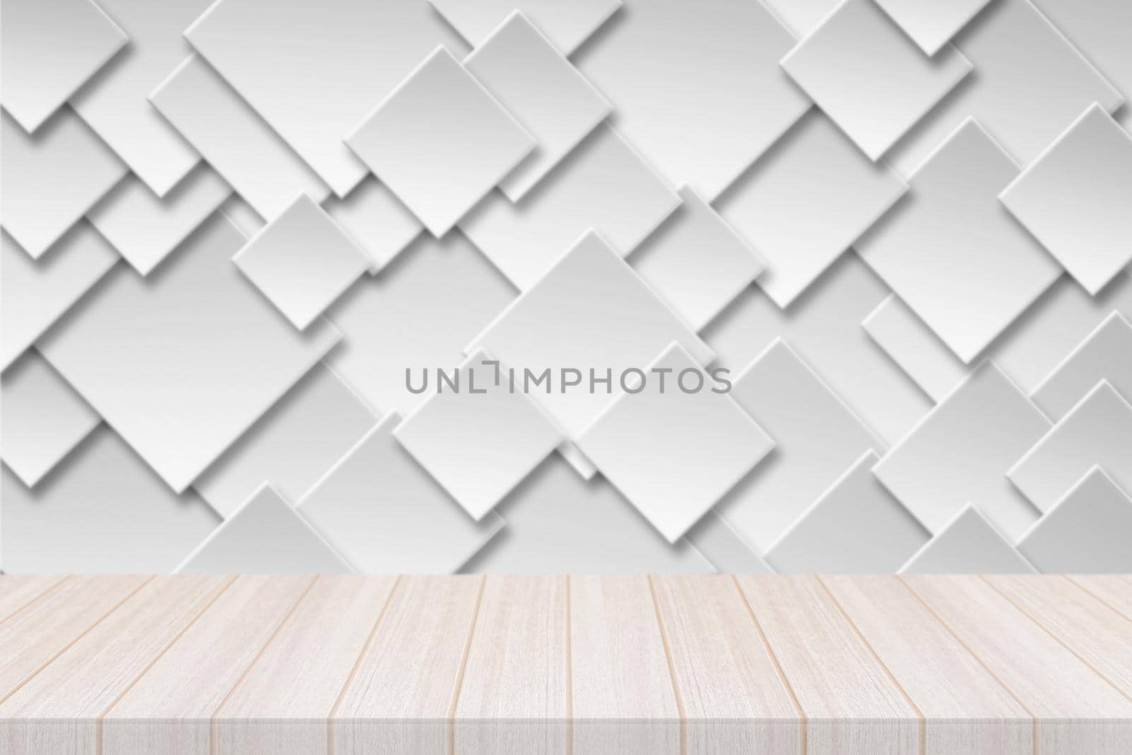 Perspective white wood table top with Paper square banner with drop shadows Background by Nuamfolio