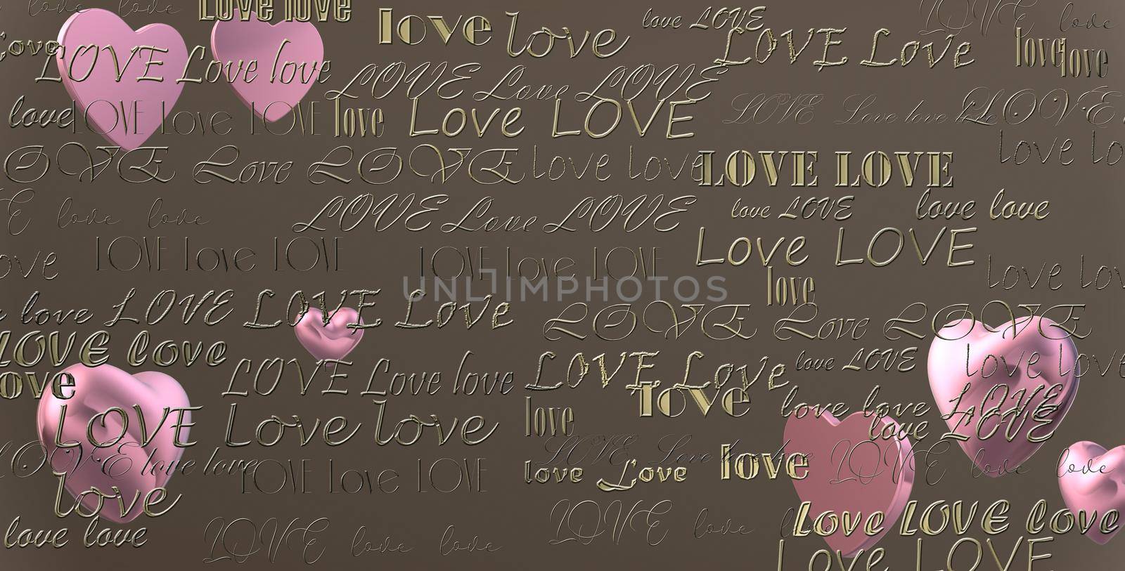 Gold text LOVE on dark pastel background and pink hearts. 3D illustration