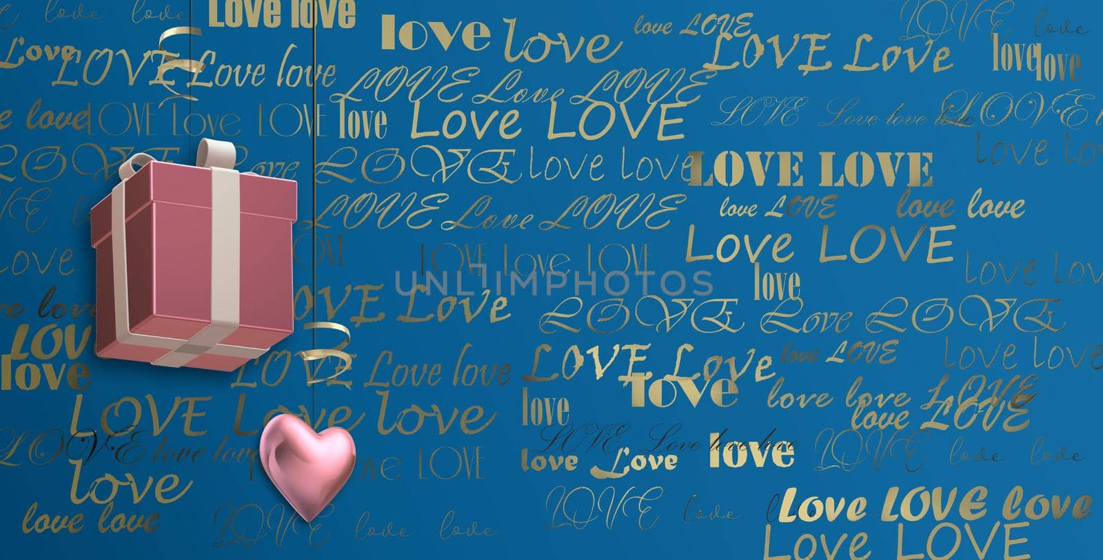 Gold multiple words LOVE on blue background, 3D gift box and pink heart. Valentines, birthday, mothers day background, 3D illustration