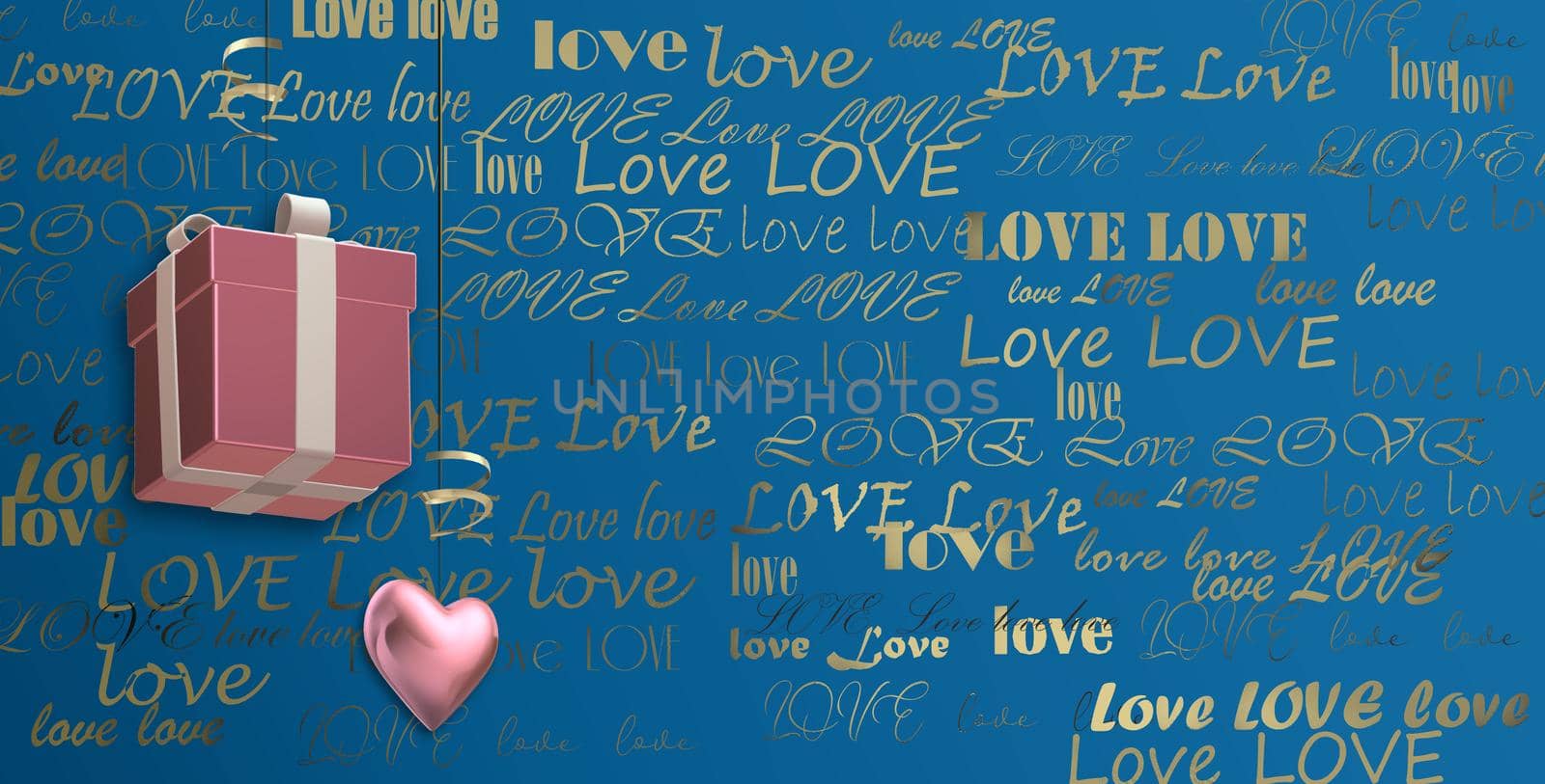 Gold multiple words LOVE on blue background, 3D gift box and pink heart. Valentines, birthday, mothers day background, 3D illustration