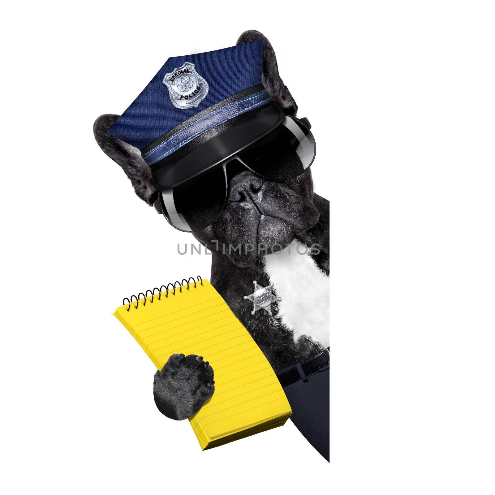 POLICE DOG ON DUTY WITH ticket fine and hand , isolated on white blank background, behind black banner or placard