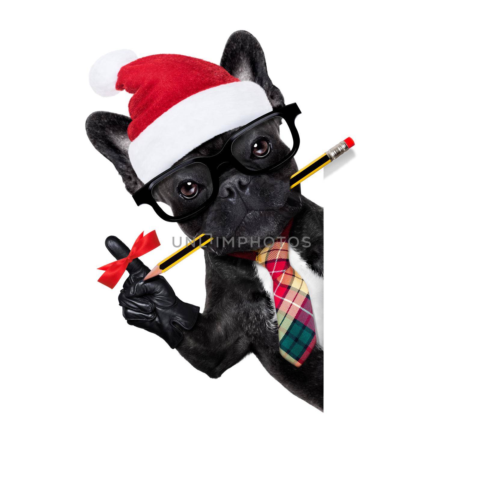 office businessman french bulldog dog with finger ribbon reminder , to not forget something important, behind a  blank white banner or placard, on christmas holidays vacation with santa claus hat