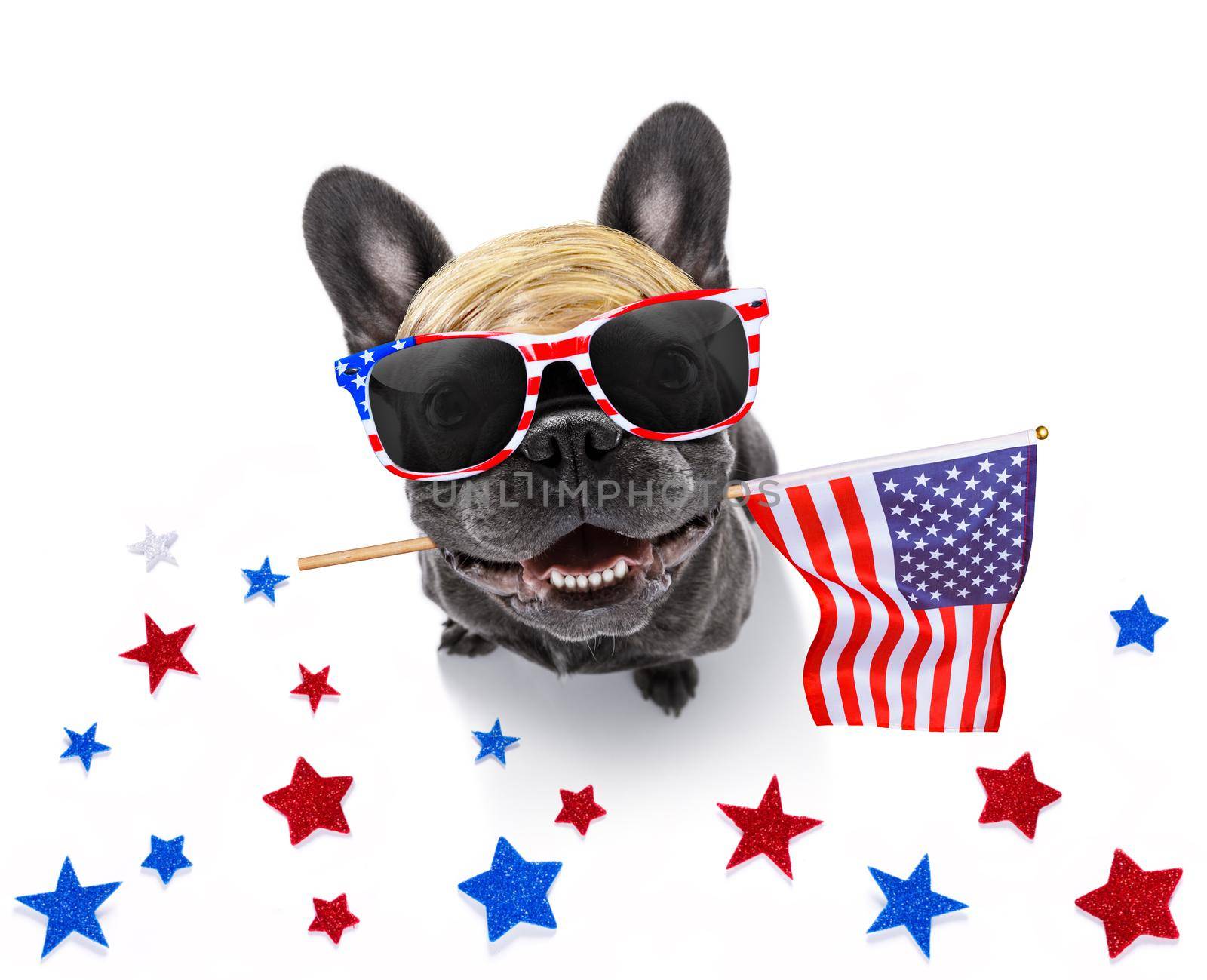 french bulldog waving a flag of usa and victory or peace fingers on independence day 4th of july with sunglasses