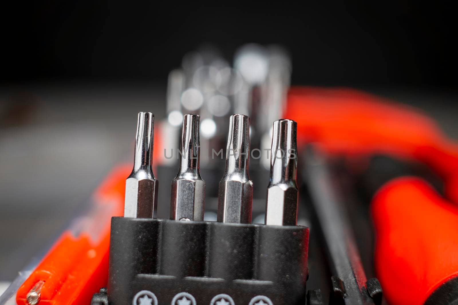 Set of interchangeable screwdriver heads in selective focus