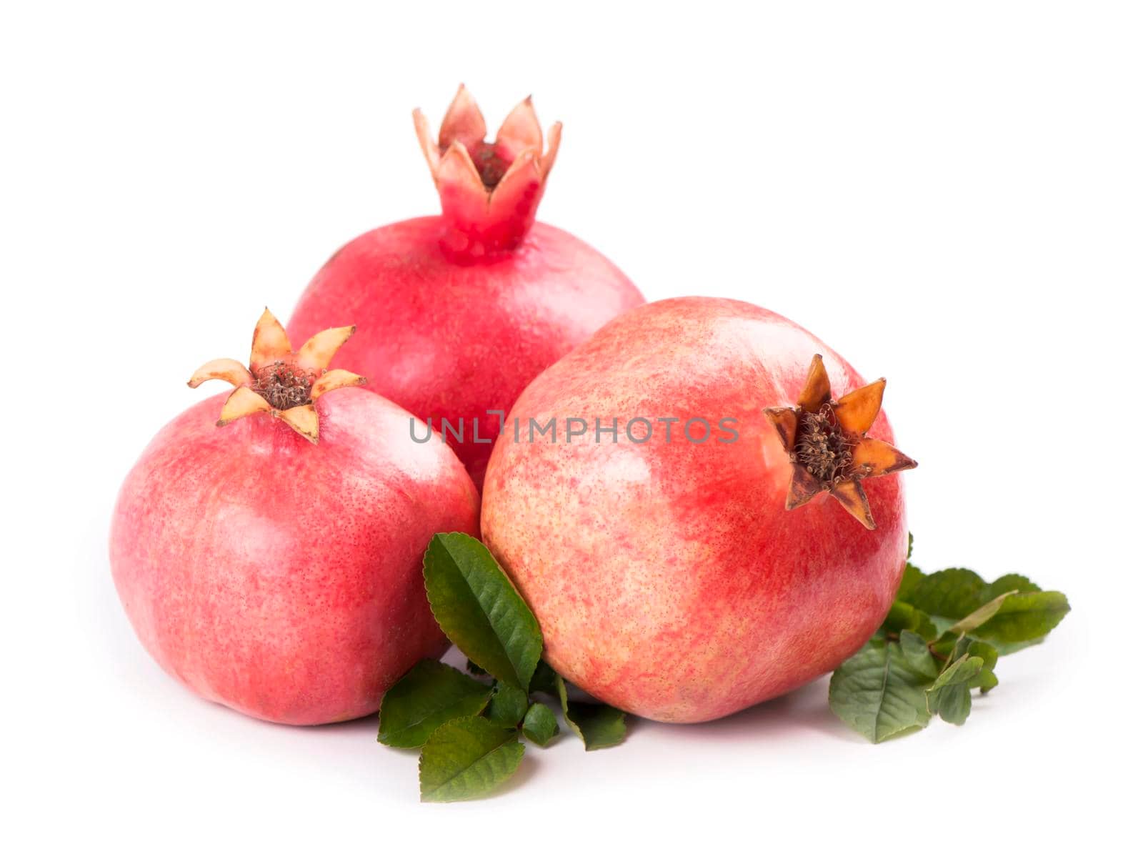 Ripe pomegranates with pomegranate leaves isolated on a white by aprilphoto