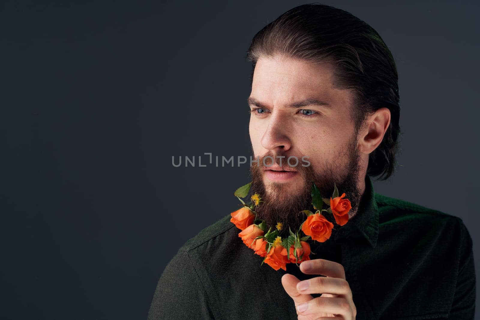 Cute man flowers in beard ornaments elegant style close-up by SHOTPRIME