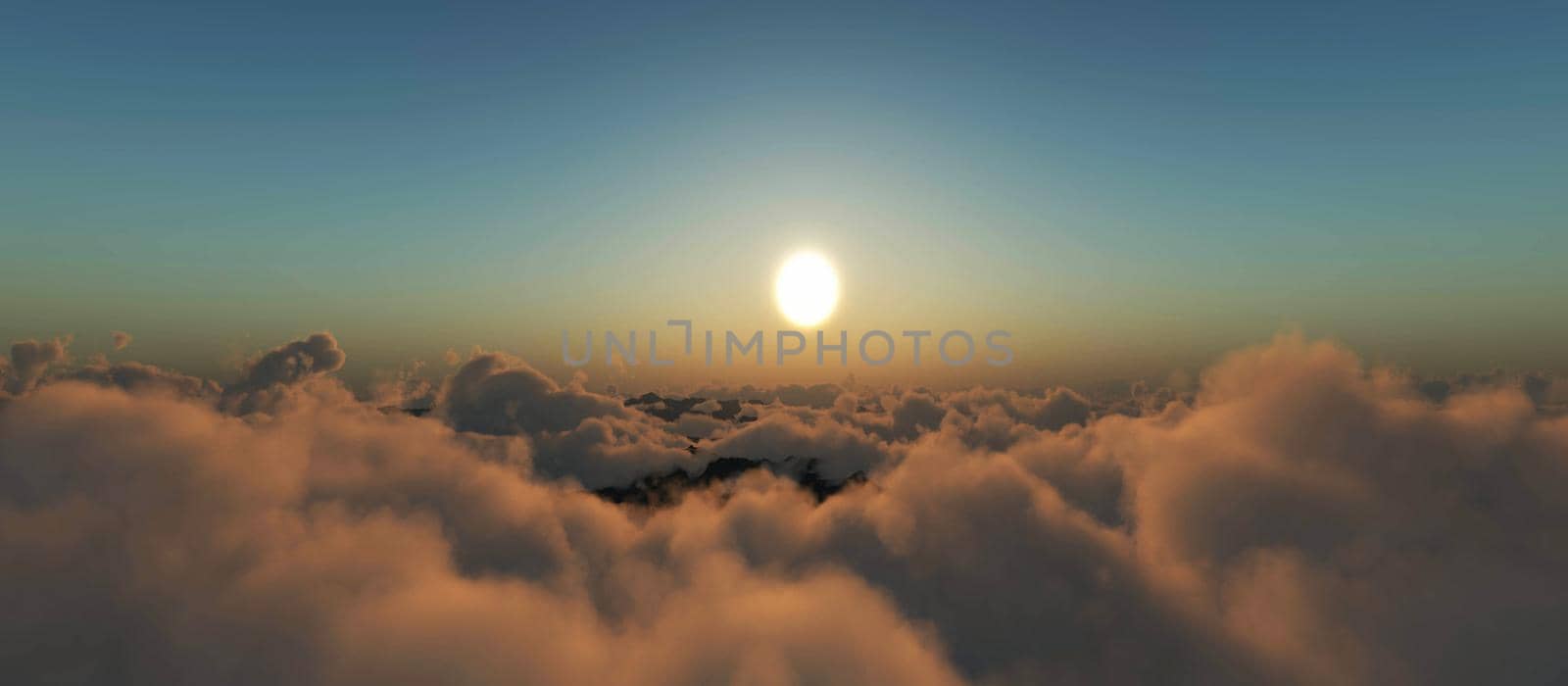 fly over clouds sunset, 3d render illustration