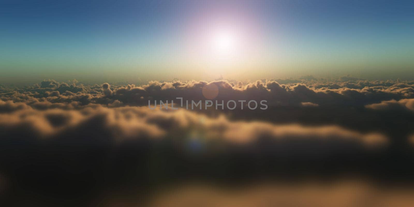 fly over clouds sunset, 3d render illustration
