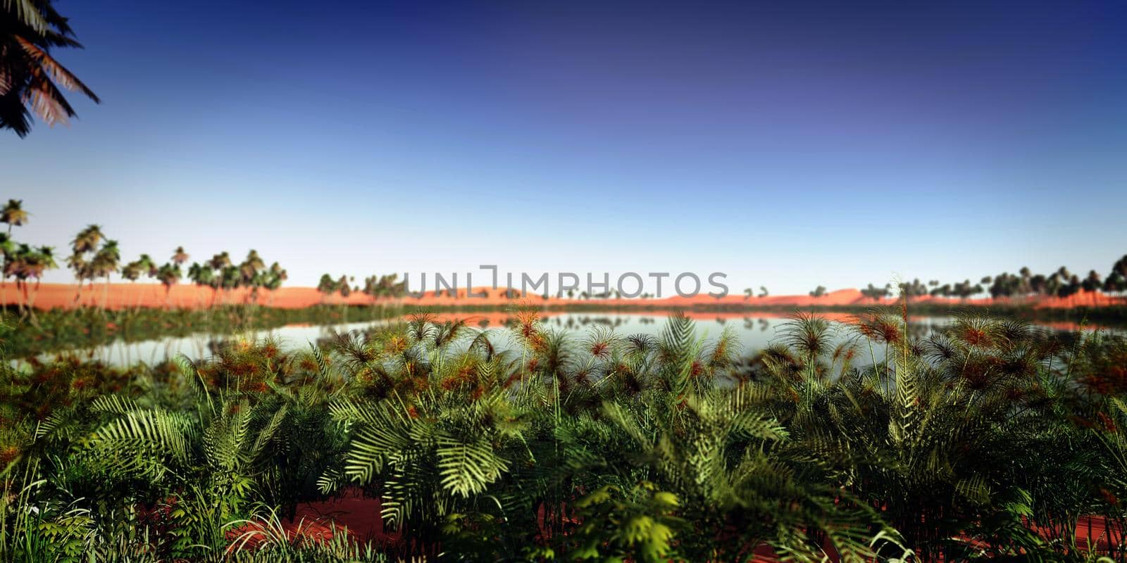oasis panoramic in desert, 3d render illustration