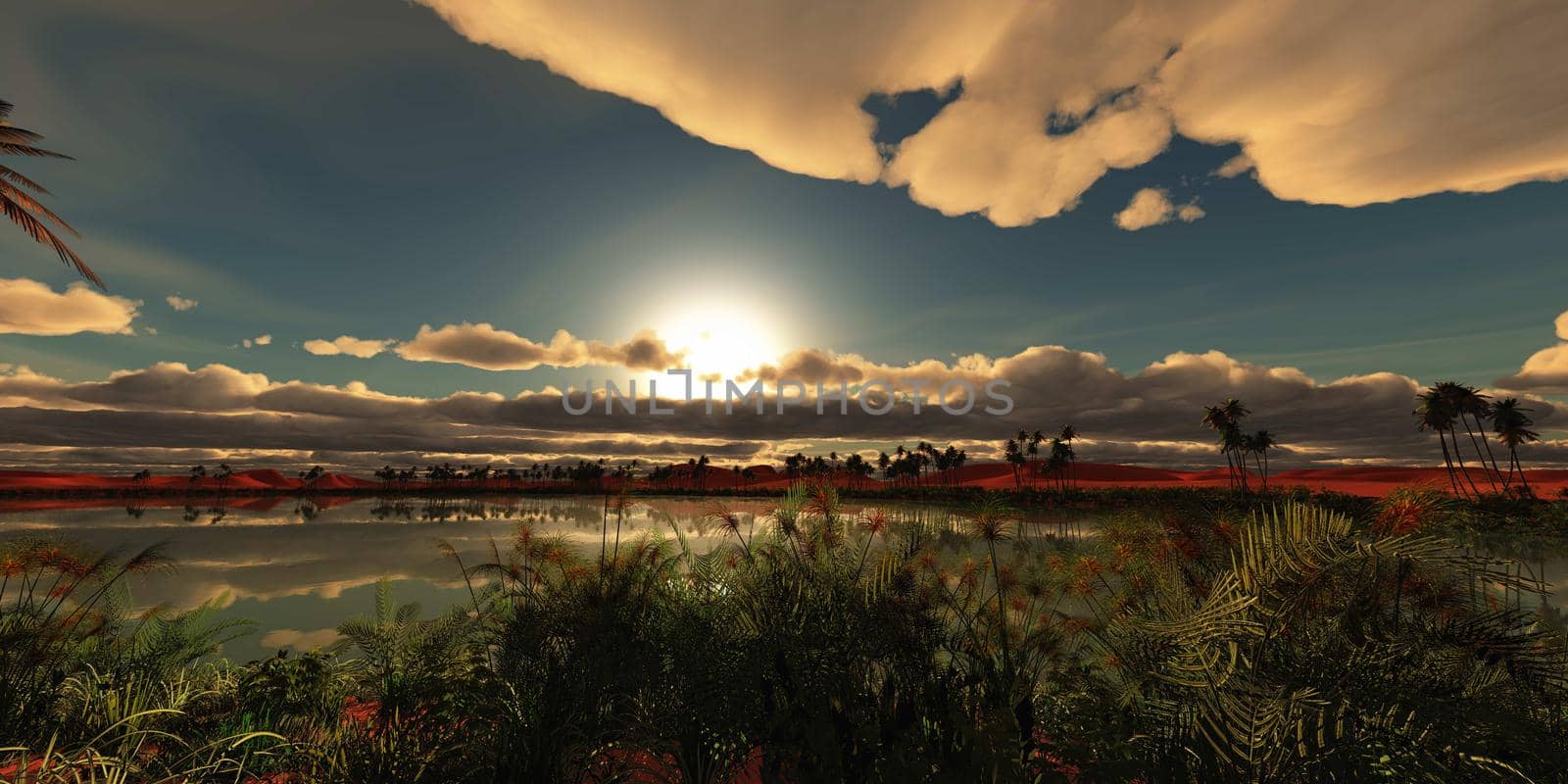 tree in green meadow. 3d render illustration