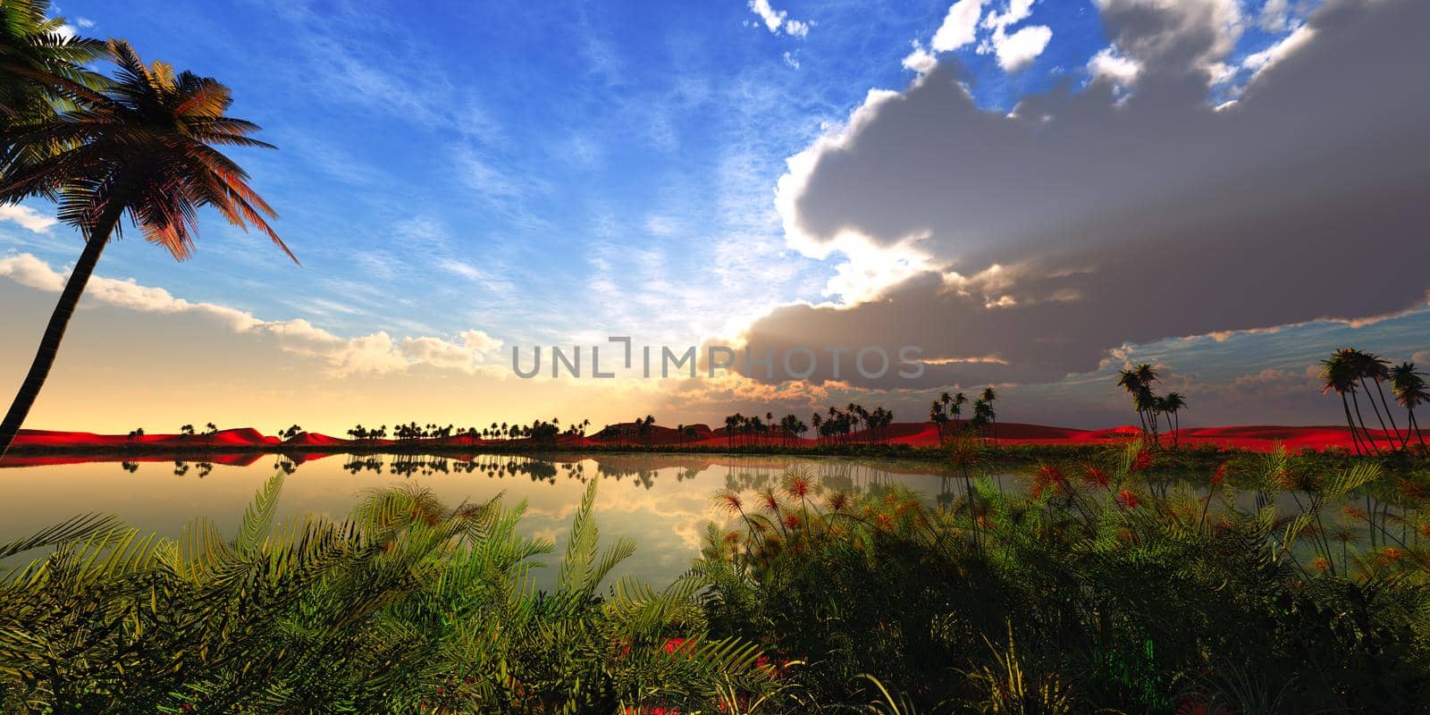 tree in green meadow. 3d render illustration