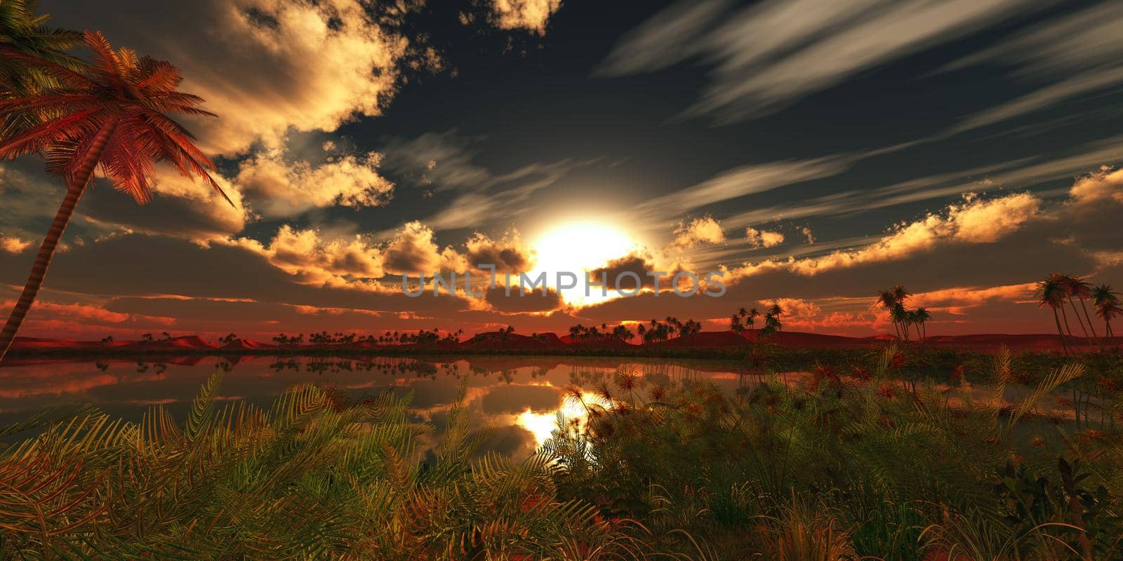 tree in green meadow. 3d render illustration