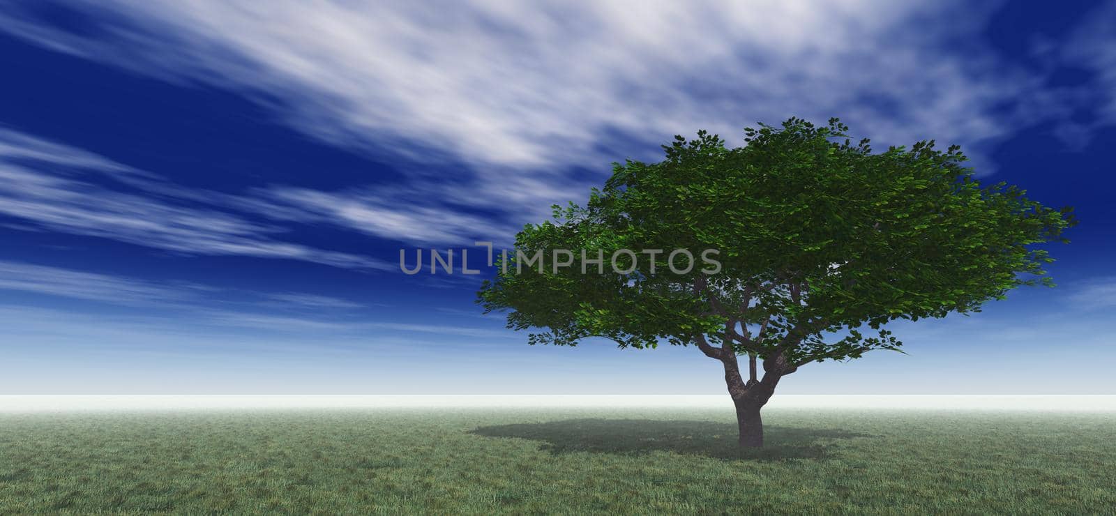 tree in green meadow, 3d render illustration