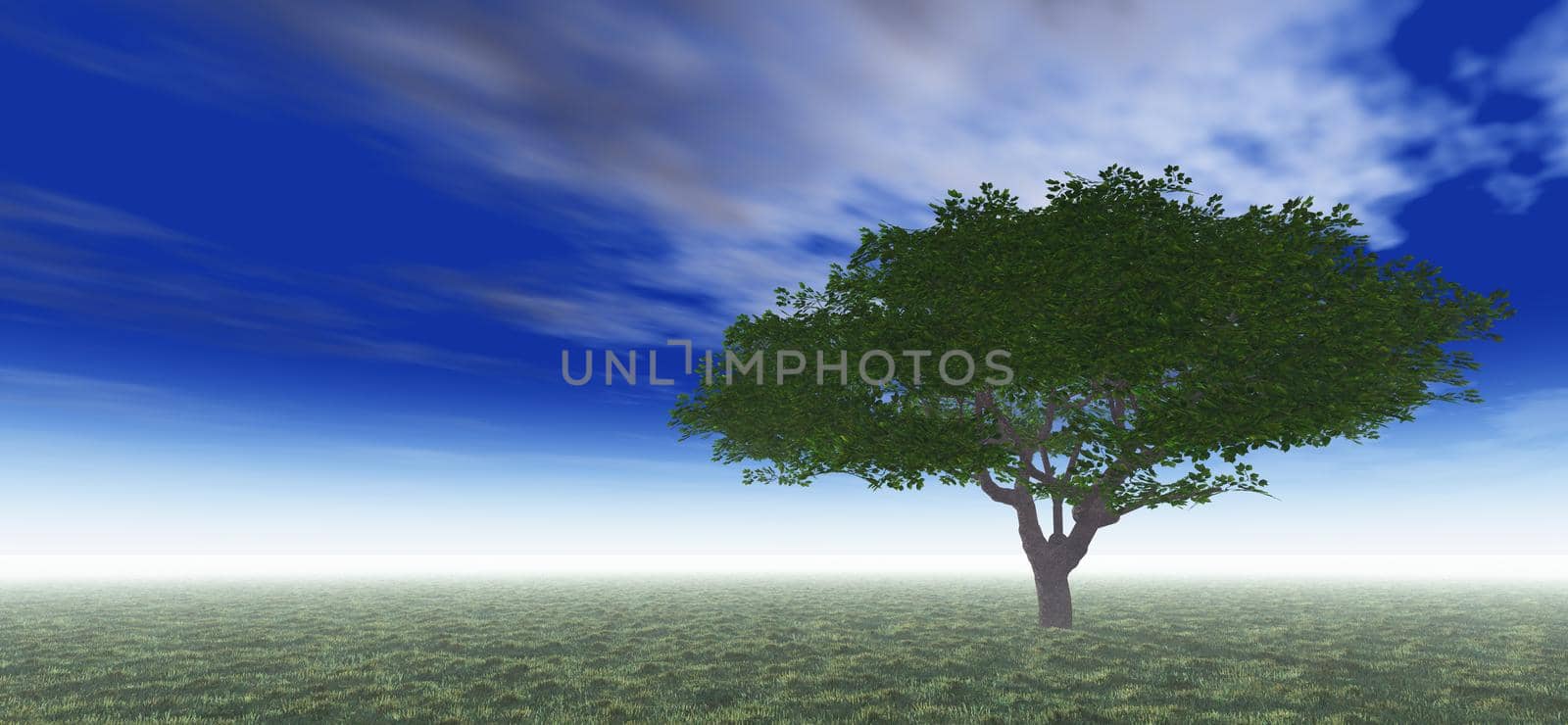 tree in green meadow, 3d render illustration