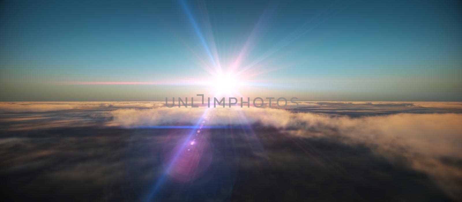 fly in above clouds sunset, 3d render