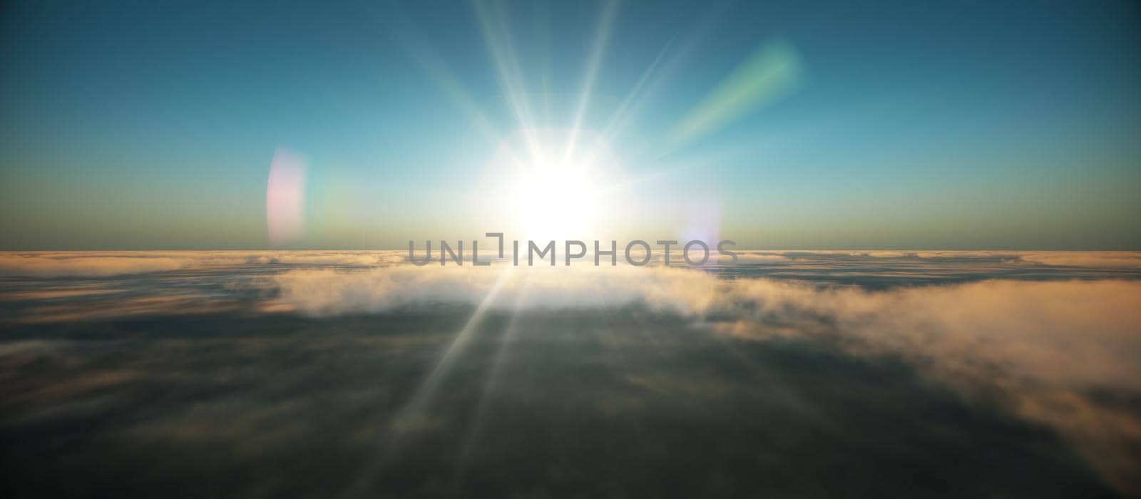 fly in above clouds sunset, 3d render