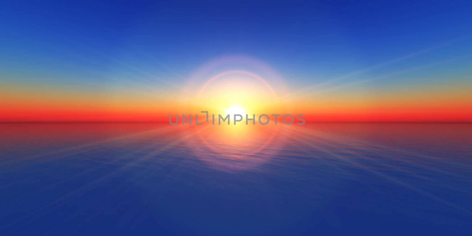 sunset horizon at sea illustration, 3d render