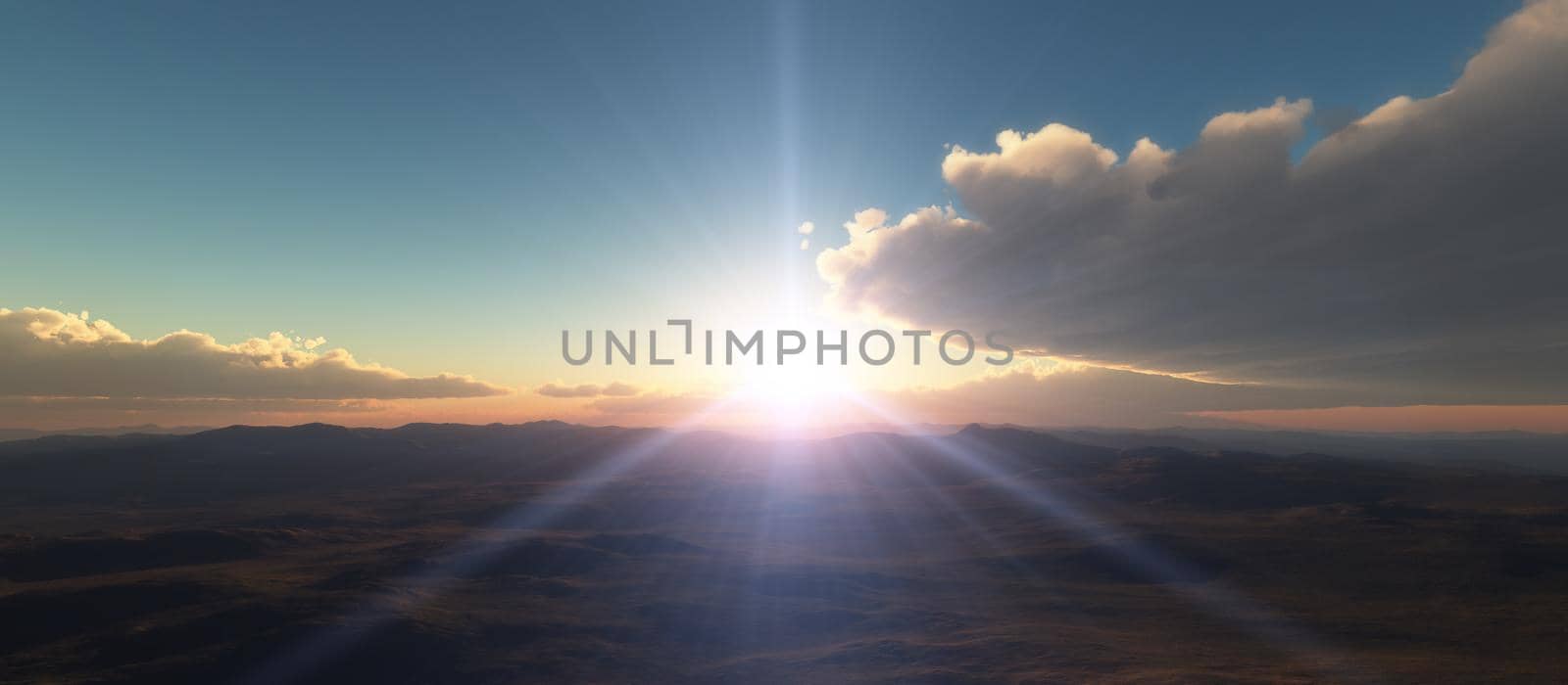 sunrise above in clouds 3d illustration render