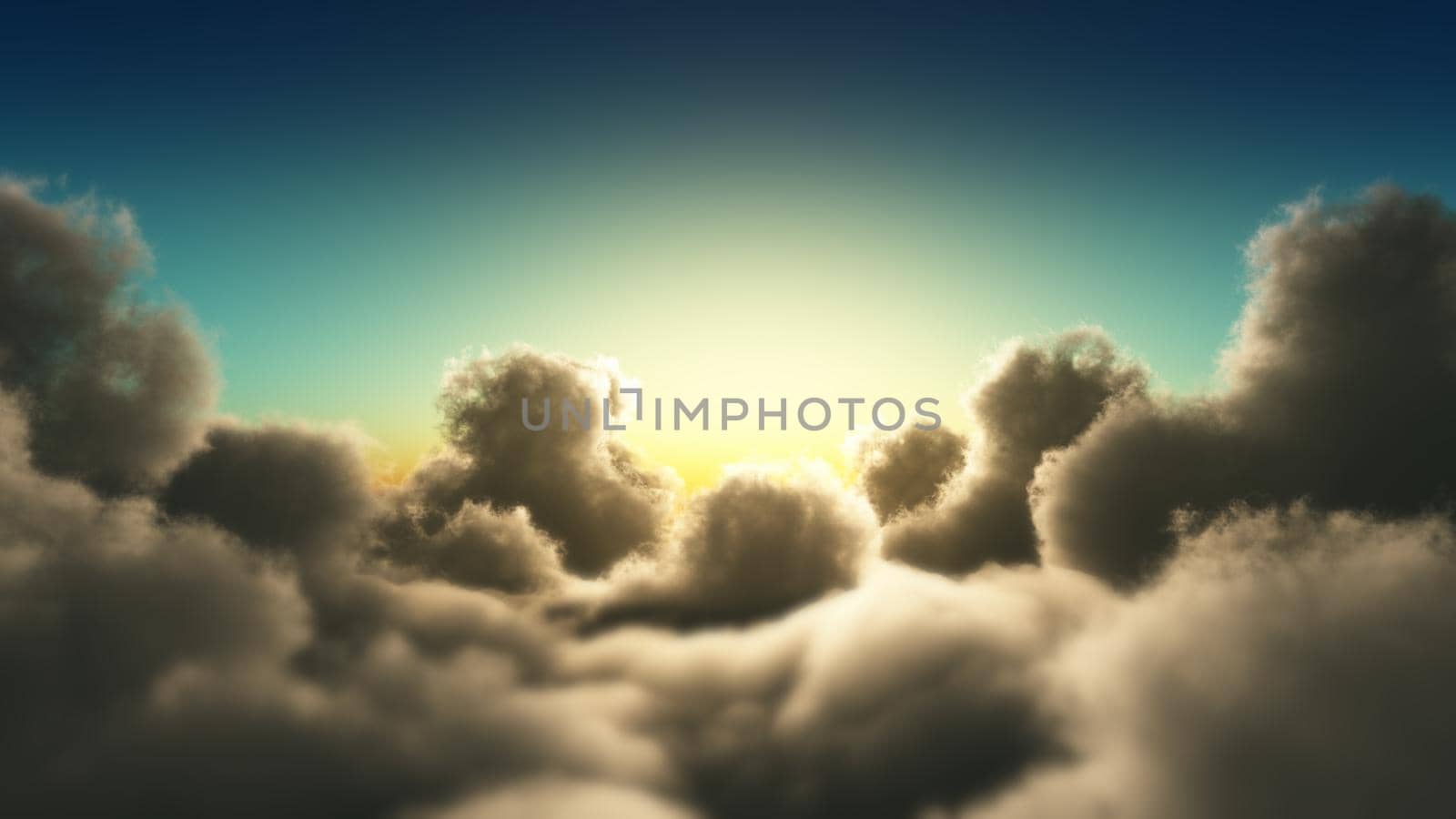 above clouds fly in sunset, 3d render illustration