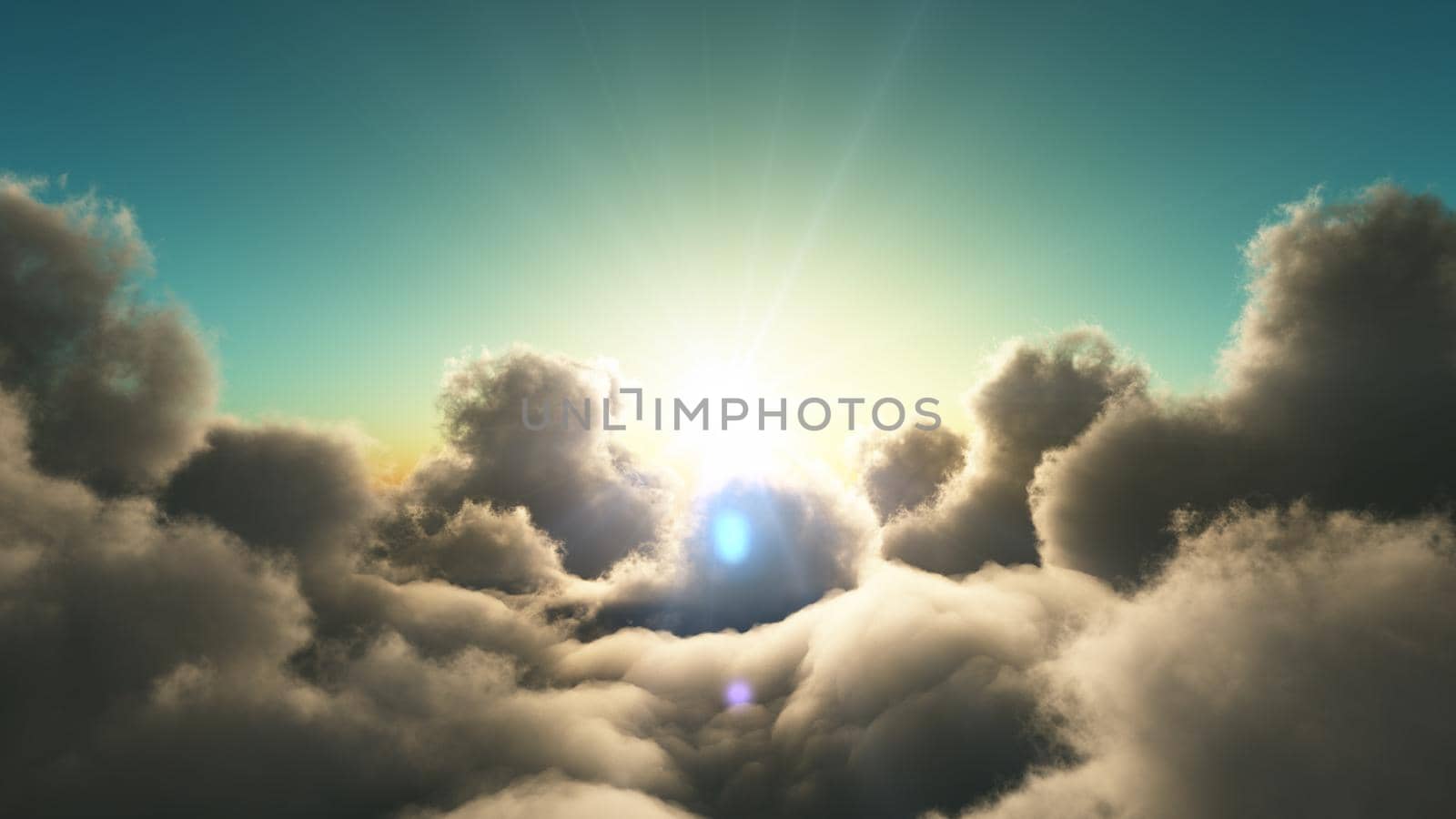 above clouds fly in sunset, 3d render illustration