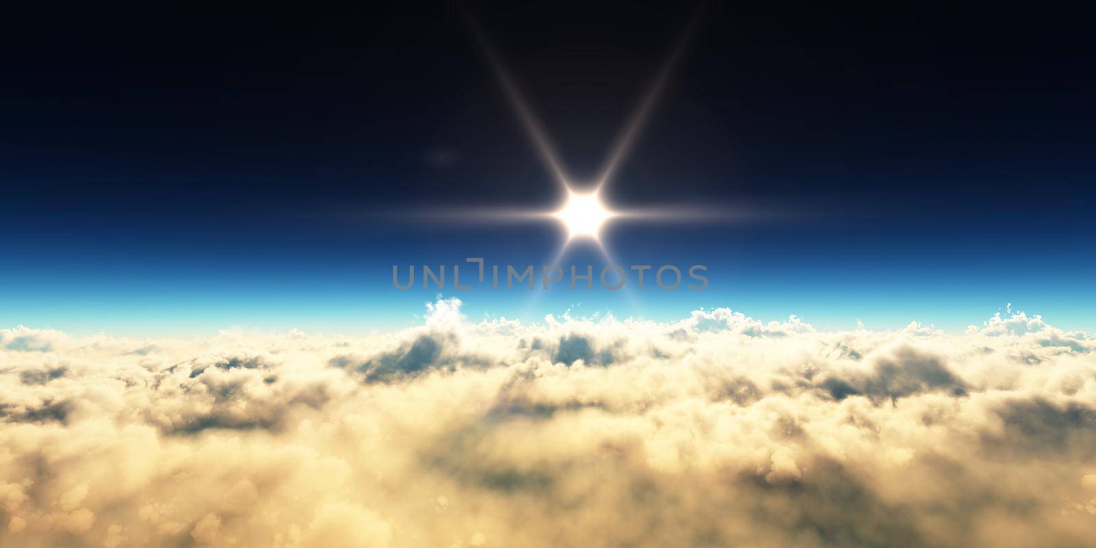 planet sunset above clouds, 3d render by alex_nako